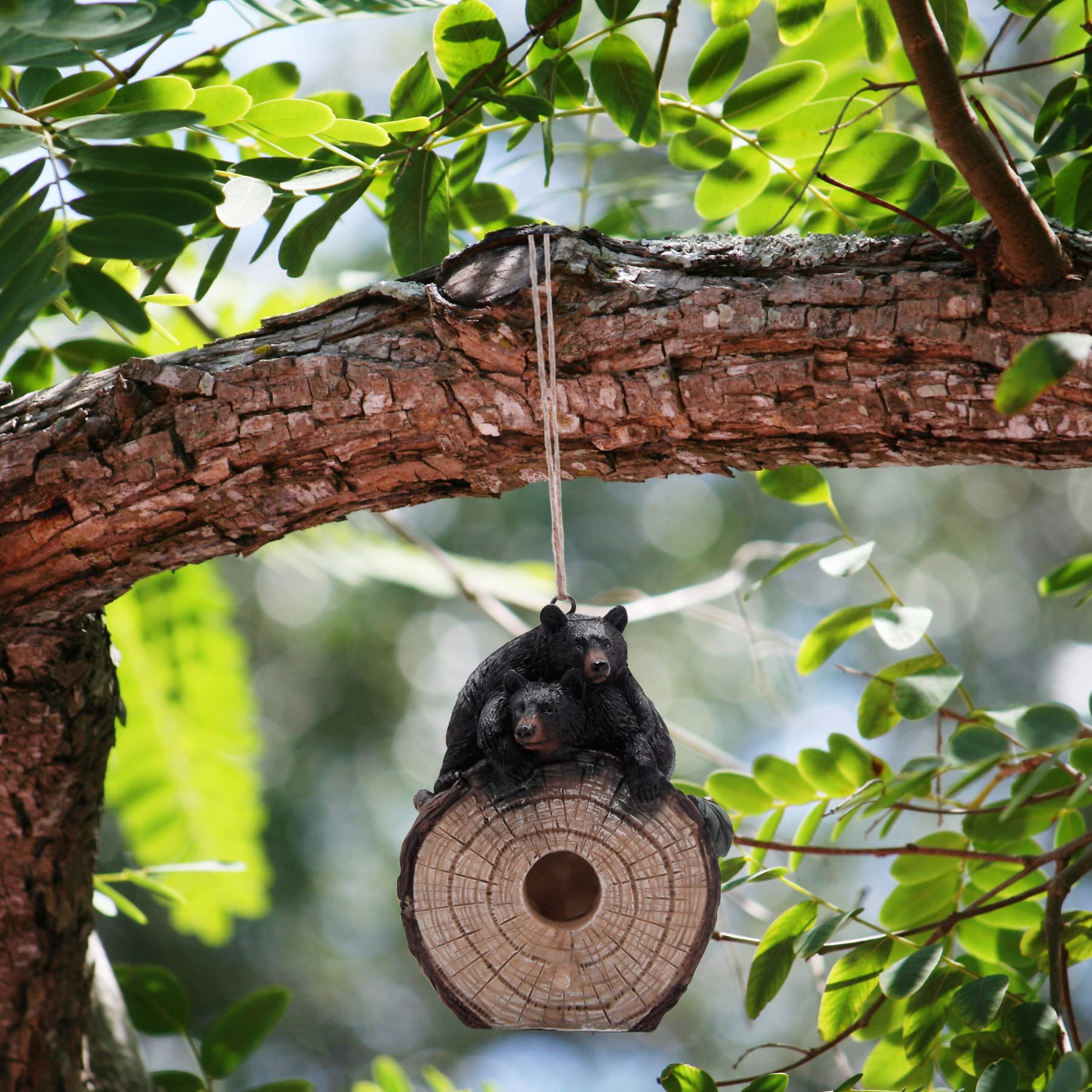 Unique Hanging Birdhouse with Black Bear Cubs on Log Slice - 7.5 Inch Rustic Outdoor Decor for Yard, Patio, Tree & Garden - Perfect for Wildlife Lovers & Nature-Inspired Home Decoration
