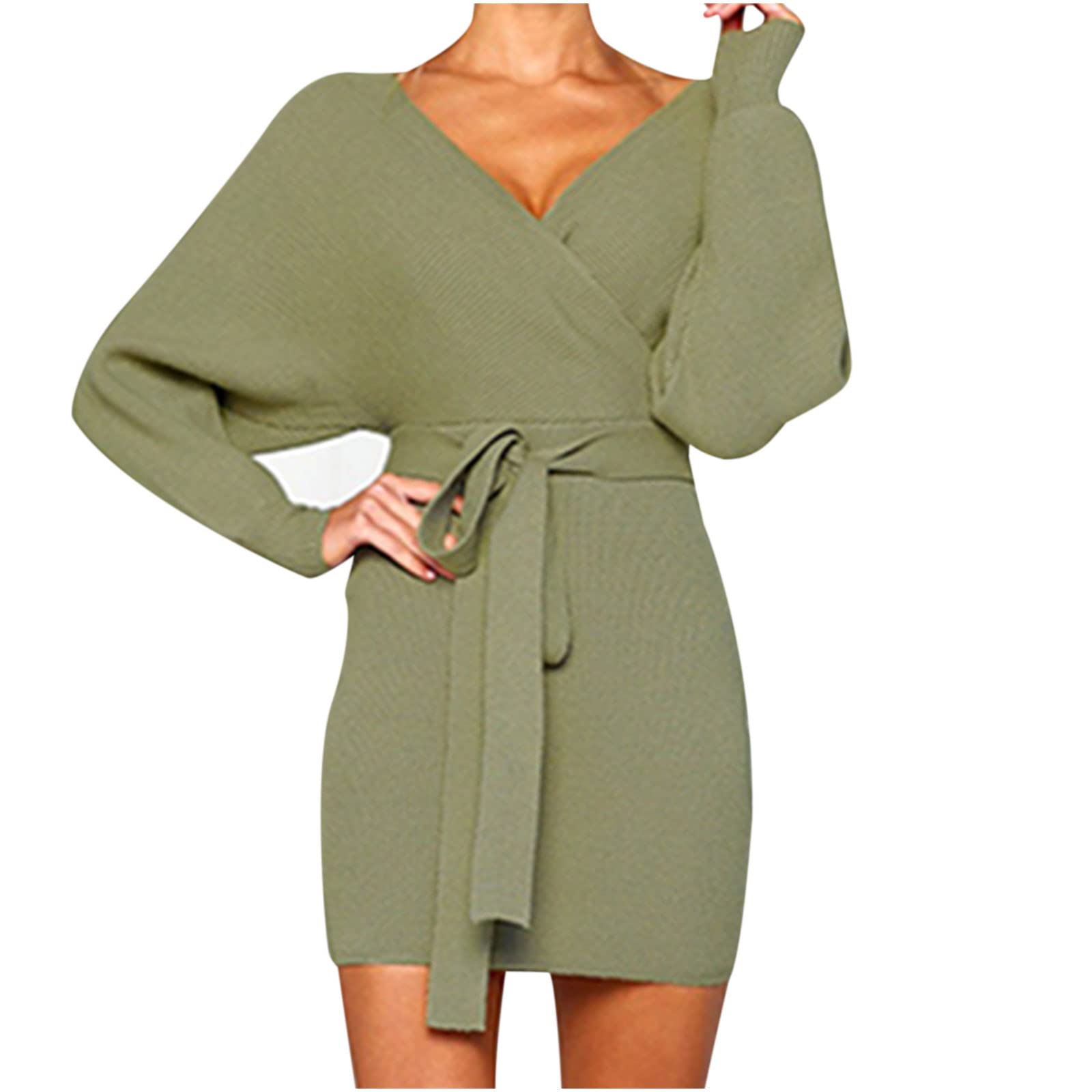 LONGZUVS Women's Sexy Wrap Mini Dress - V Neck Long Sleeve Lace Up Bodycon Dress for Beach, Party & Night Out | Fashionable Solid Color Casual Outfit