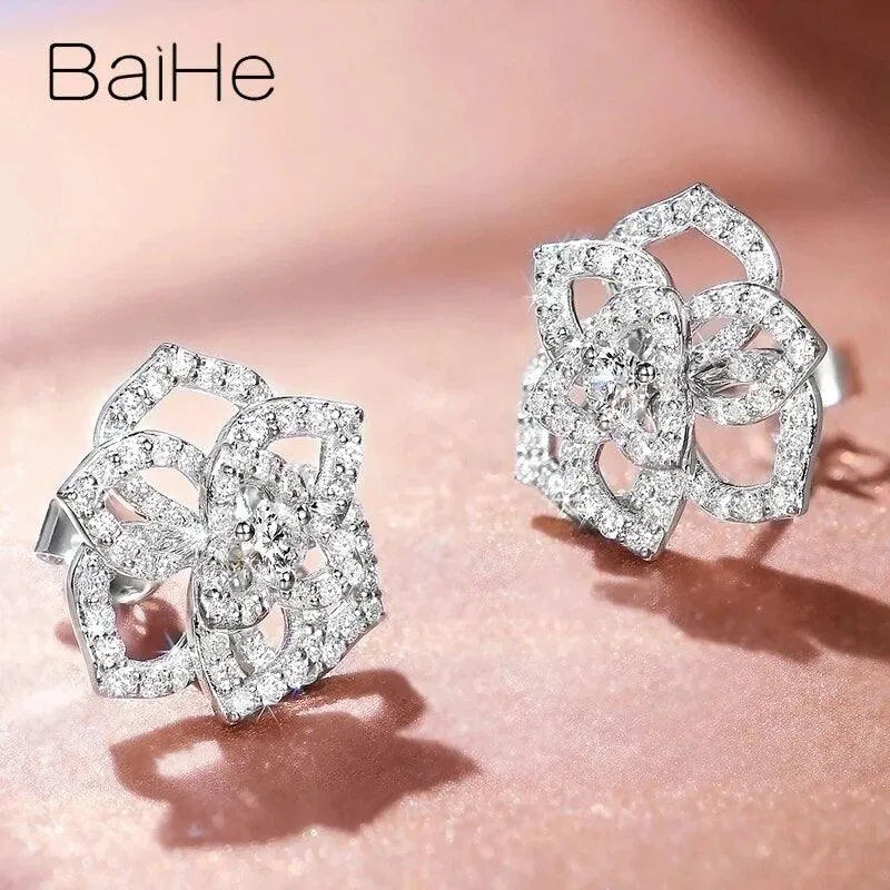 14K White Gold Natural Diamond Flower Stud Earrings for Women - H/SI Quality, Wedding & Bridal Jewelry, Trendy Fine Jewelry Gift for Her - Perfect for Anniversaries, Engagements & Special Occasions