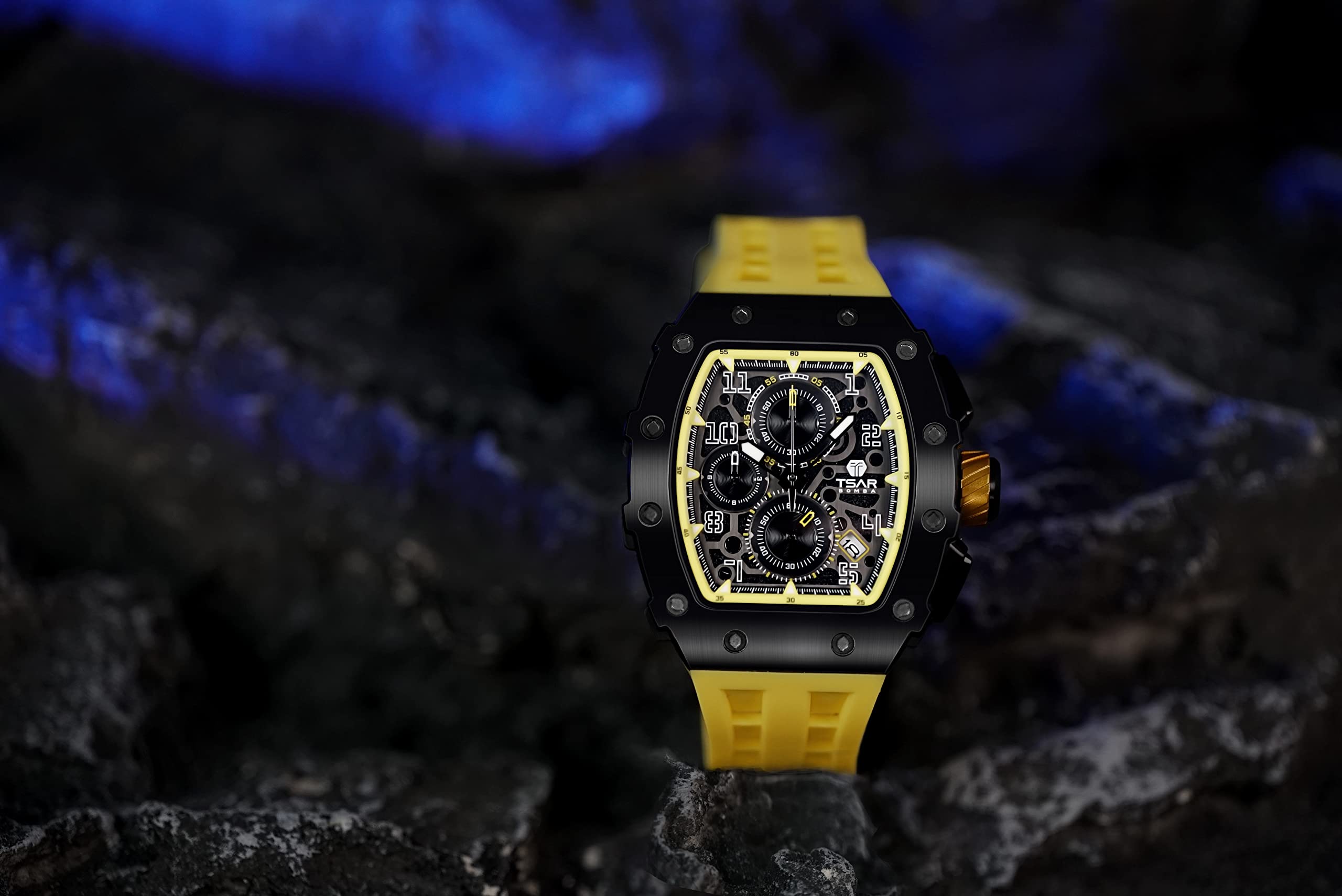 TSAR BOMBA Luxury Men's Watch - Tonneau Sapphire Crystal Japanese Quartz Chronograph with Luminous Hands, 50M Water Resistant Rubber Strap - Perfect for Business, Diving & Gift Giving