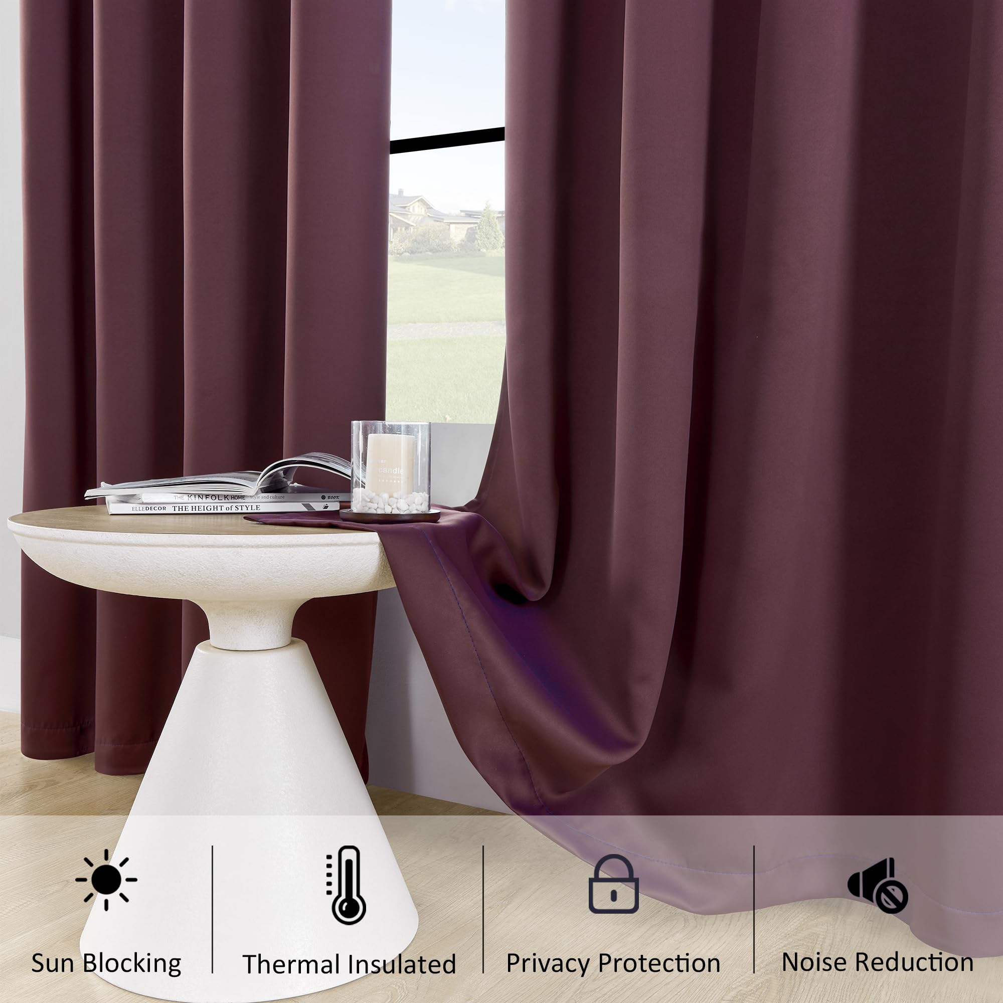 Thermal Insulated Blackout Curtains - 42x54 Inch Purple Red Drapes with Antique Copper Grommets for Bedroom, Living Room & Basement Windows | Noise Reducing & Energy Saving Window Treatment (1 Pair, Burgundy)