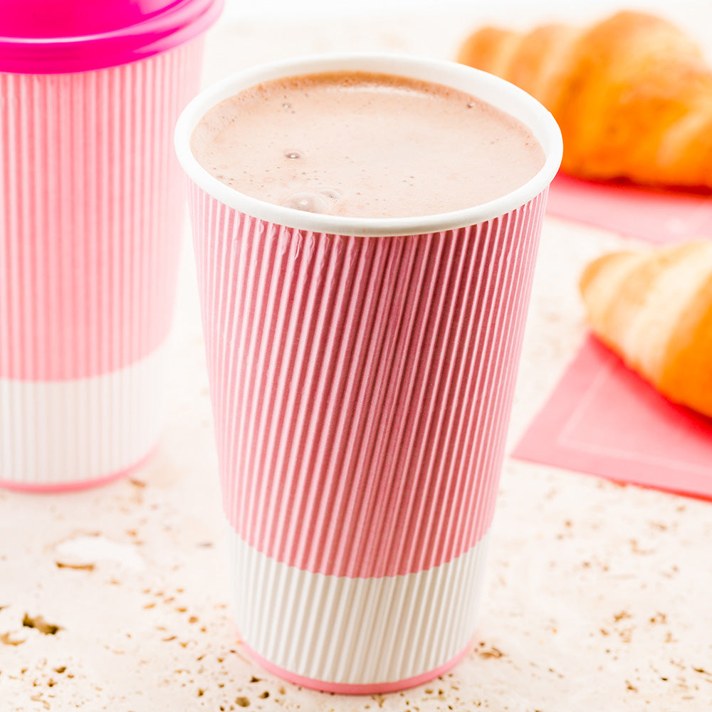 20 oz Light Pink Disposable Paper Coffee Cups with Ripple Wall Design - 3.5