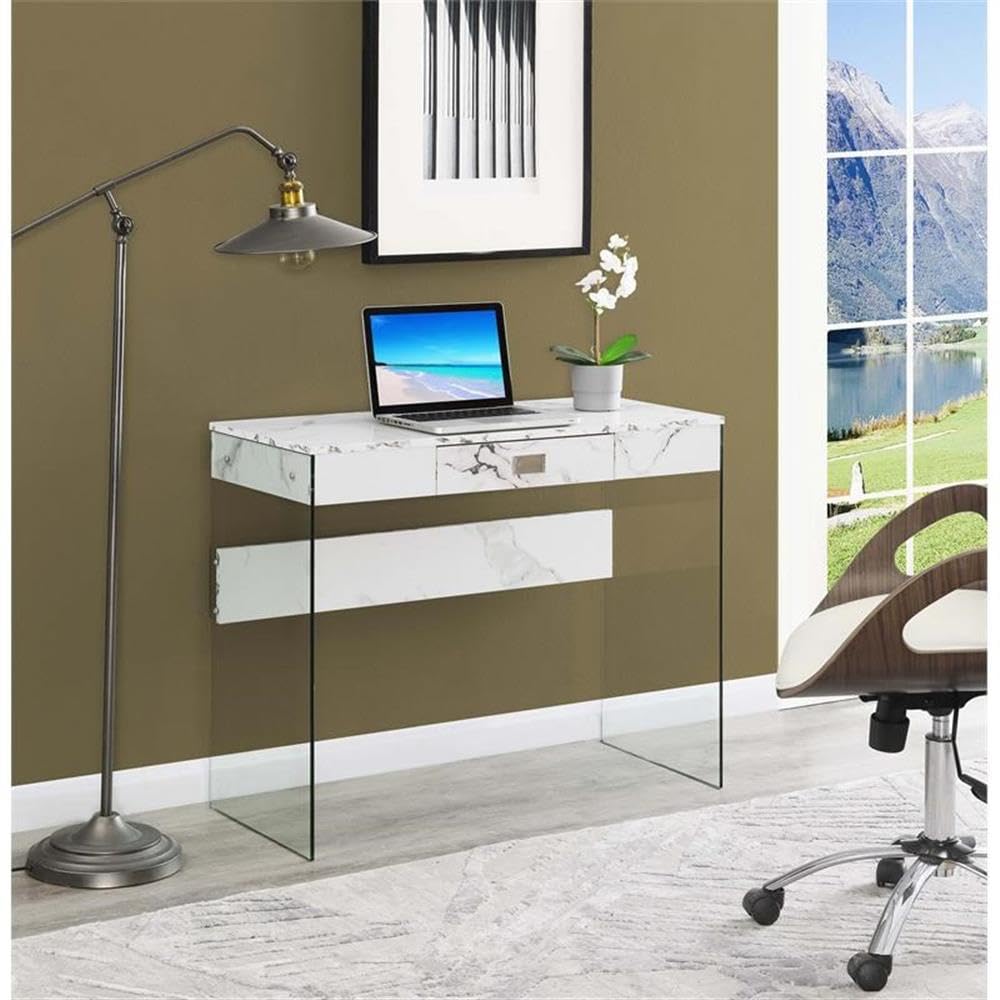 UrbanPro Contemporary 36-Inch Glass Desk with Clear Tempered Glass Top & White Faux Marble Base - Perfect for Home Office, Study Room, or Modern Workspace
