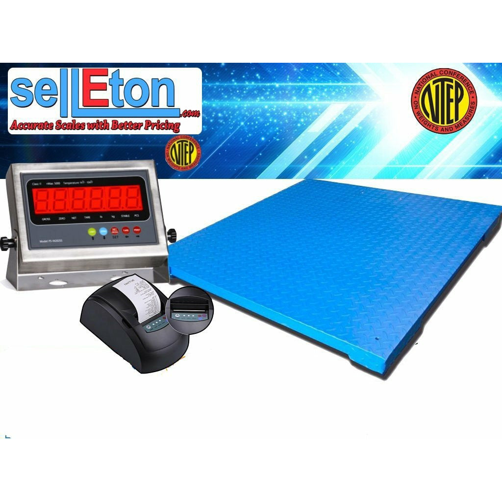 SellEton NTEP Certified 4x4 Industrial Floor Scale with Printer - 1000lb Capacity, 0.2lb Accuracy - Heavy Duty Warehouse & Shipping Platform Scale for Logistics, Manufacturing, and Commercial Use