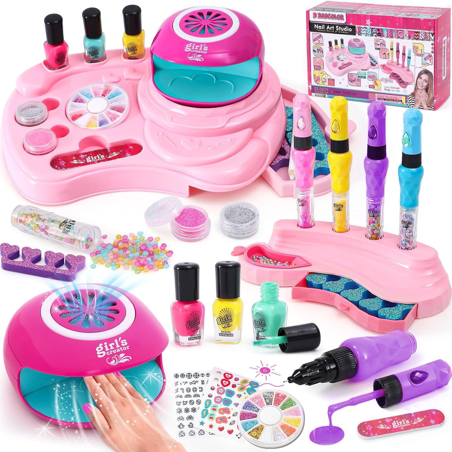Non-Toxic Kids Nail Polish Set for Girls Ages 4-13 - 4 Nail Art Pens, Mini Nail Dryer, 3 Polish Colors, 2 Storage Bases, Stickers & Glitter Powder - Birthday Gift & Salon Toy Kit for Pretend Play & Creative Nail Art Designs