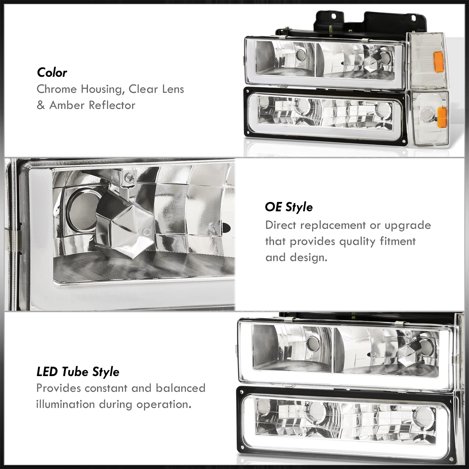 Chrome Amber LED DRL Headlights & Corner Bumper Signal Lamps Pair - Compatible with Chevy C10 C/K C1500 C2500 C3500 K1500 K2500 K3500 Blazer Silverado Suburban (1988-1993) | Upgrade Your Truck's Style & Visibility for Night Driving & Off-Road Adventures