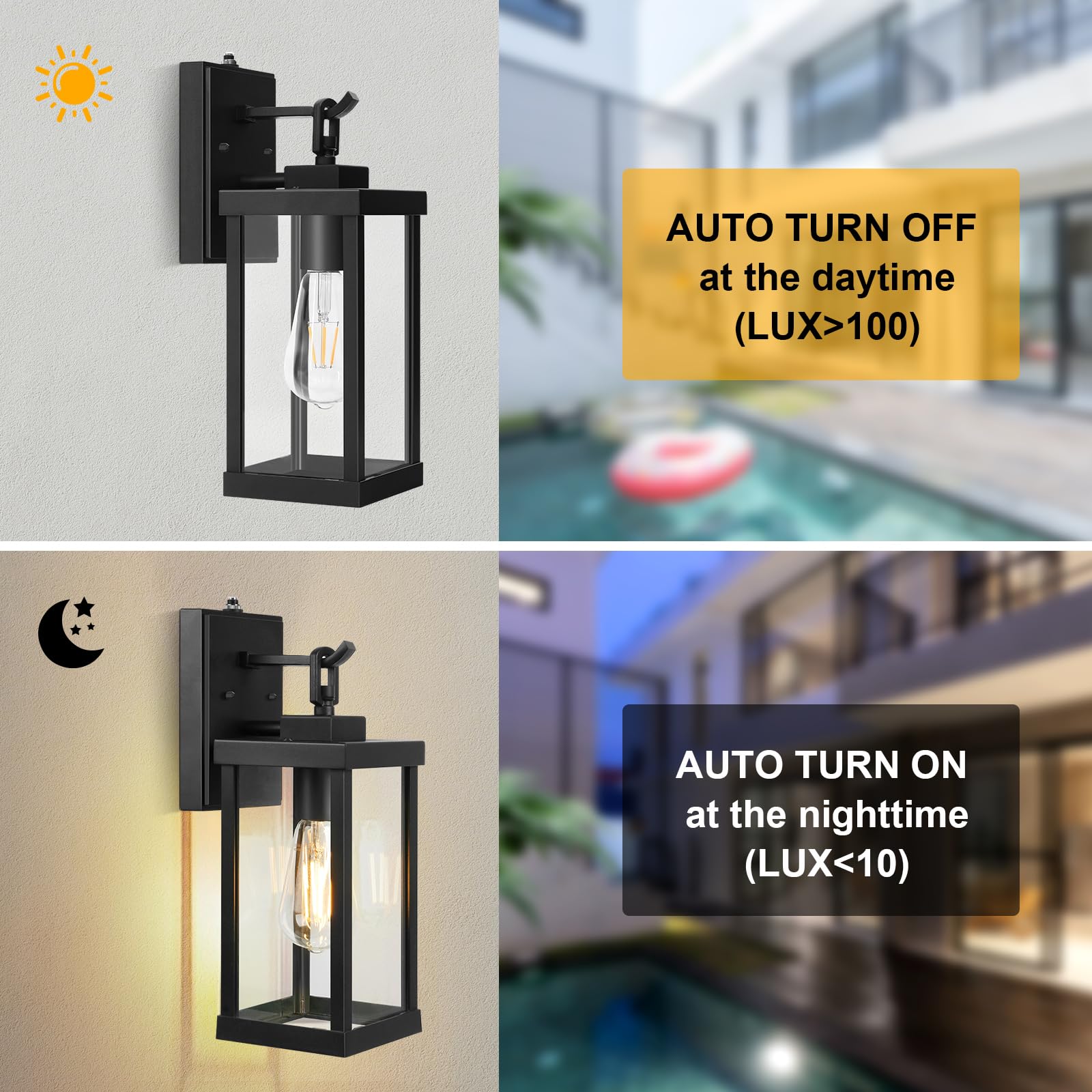 TOPKDA 2 Pack Dusk to Dawn Outdoor Wall Light Fixtures - Modern Waterproof Exterior Lighting with Tempered Glass & Anti-Rust Aluminum - Black Wall Mount Lights for House, Porch, Garage, Patio, Garden - Perfect for Nighttime Safety and Curb Appeal