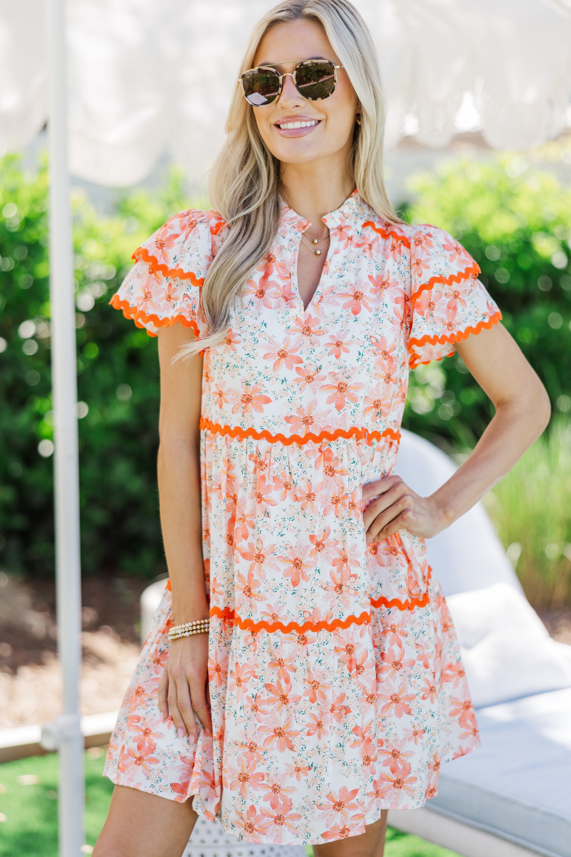Orange Ditsy Floral Babydoll Dress - Women's Summer Casual Mini Dress for Beach, Party & Date Night