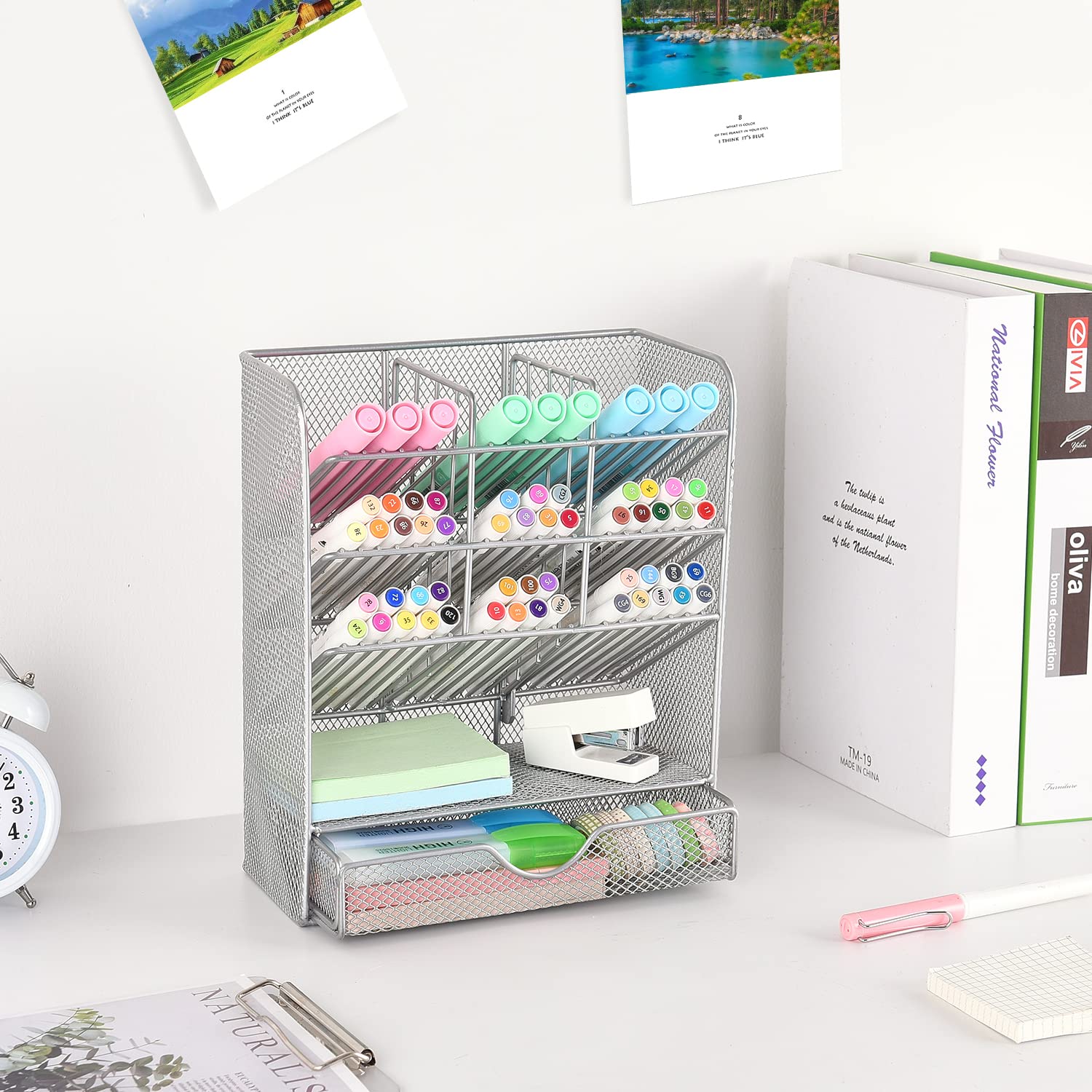 Spacrea 10-Compartment Desk Organizer with Drawer - Silver Pen & Pencil Holder for Office, School, Home - Perfect for Organizing Stationery, Art Supplies, and Small Office Accessories