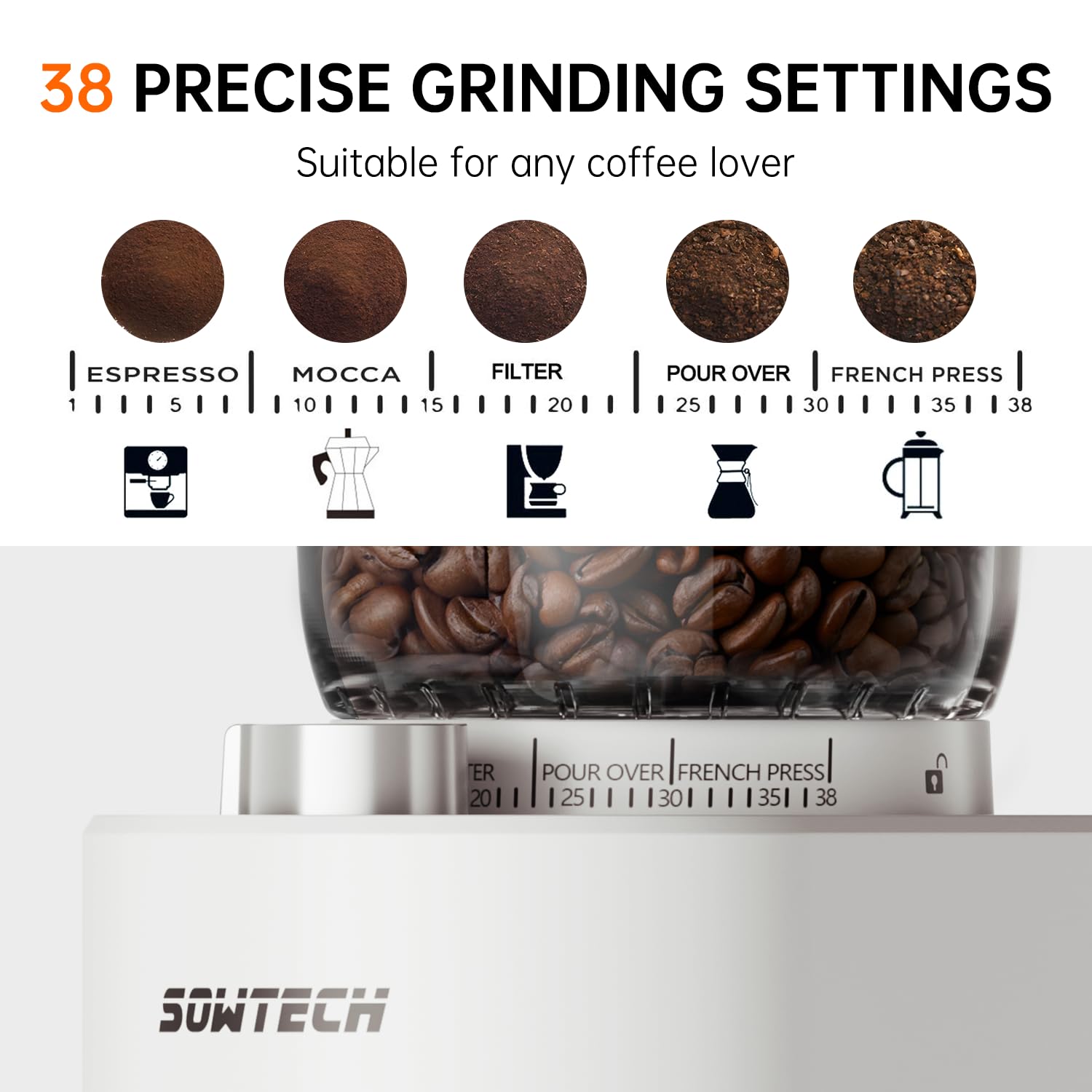 Premium Anti-Static Conical Burr Coffee Grinder - Adjustable Electric Mill with 38 Precise Grind Settings & Precision Timer - Perfect for Espresso, Drip Coffee & French Press - Ideal for Home Baristas & Coffee Enthusiasts - Beige