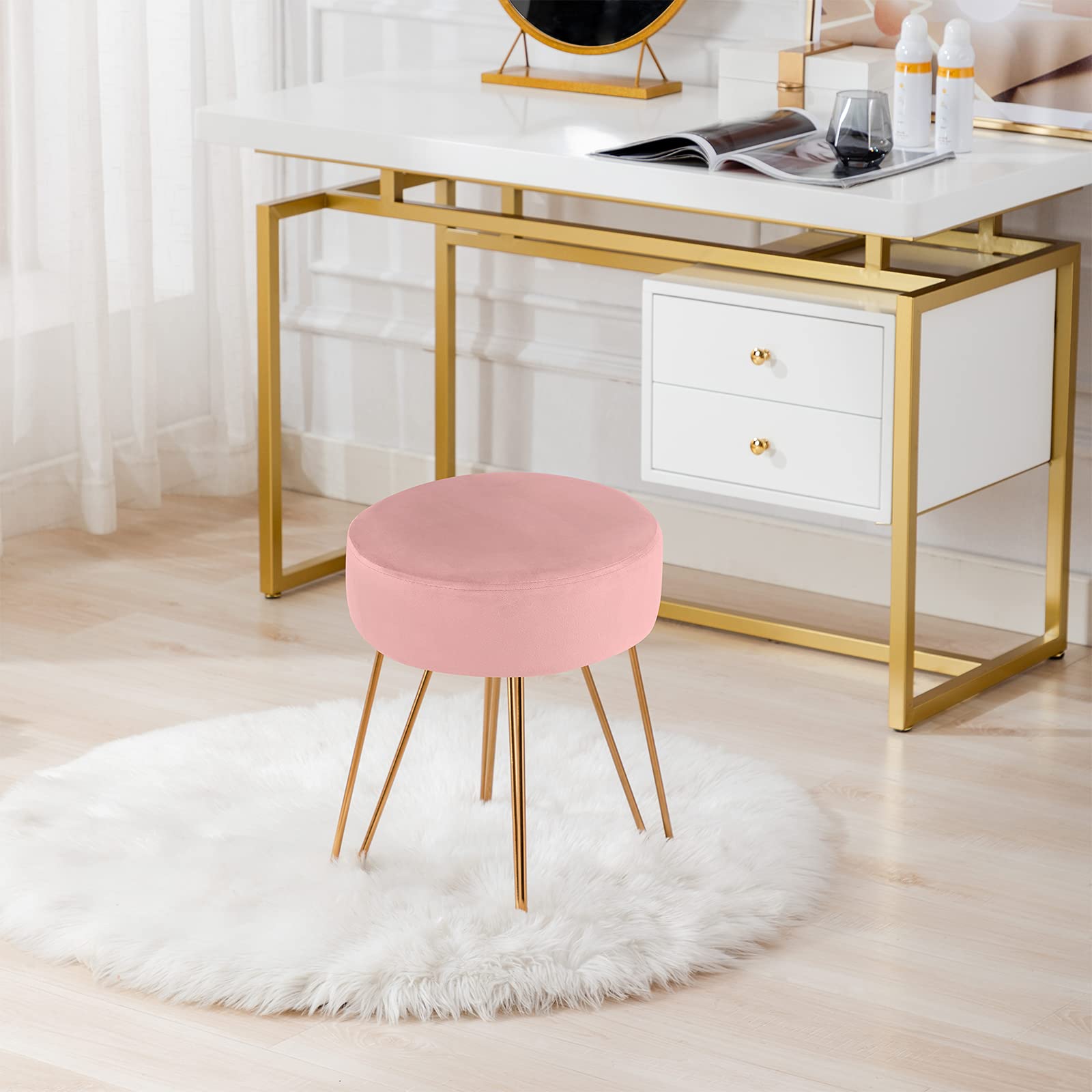 DUHOME Velvet Ottoman Stool - Modern Makeup Vanity Stool with Round Metal Base, Furry Accent Stool in Pink | Perfect for Bedroom, Dressing Room & Contemporary Home Decor
