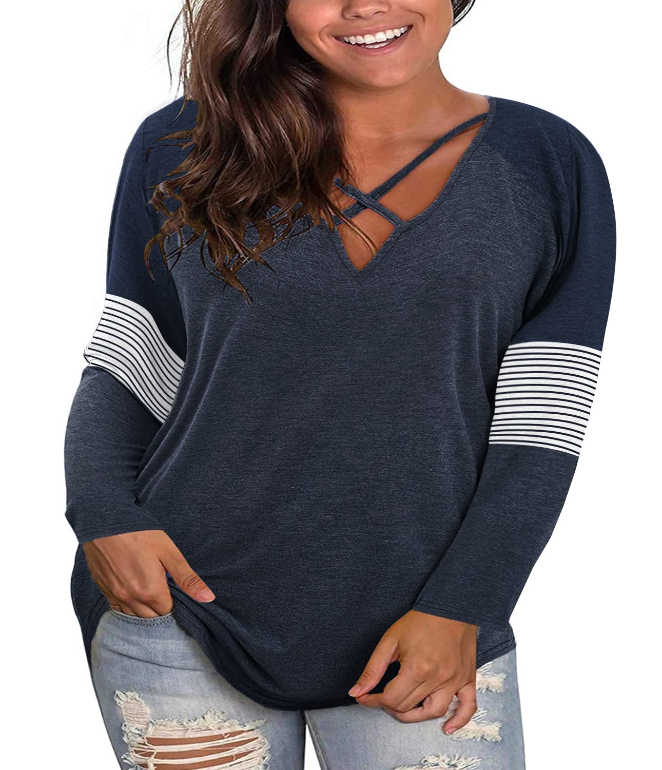 Plus Size Women's Long Sleeve V Neck Criss Cross T-Shirt - Sexy Casual Loose Cotton Tunic Top for Everyday Wear, Work & Date Nights