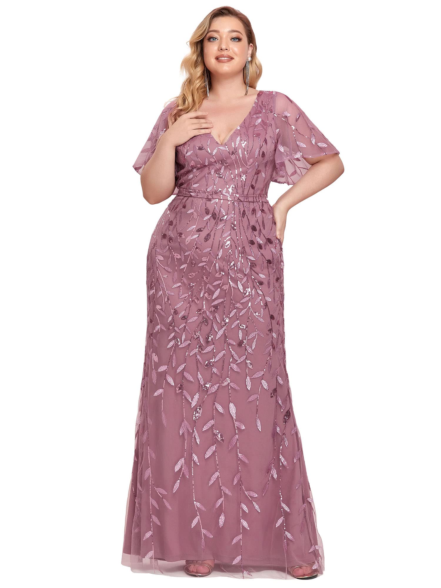 Ever-Pretty Women's V-Neck Curvy Embroidery Formal Dresses Plus Size Sequin Mother of The Bride Dresses 0692-PZUSA | Elegant Wedding Guest Outfit for Special Occasions & Evening Events