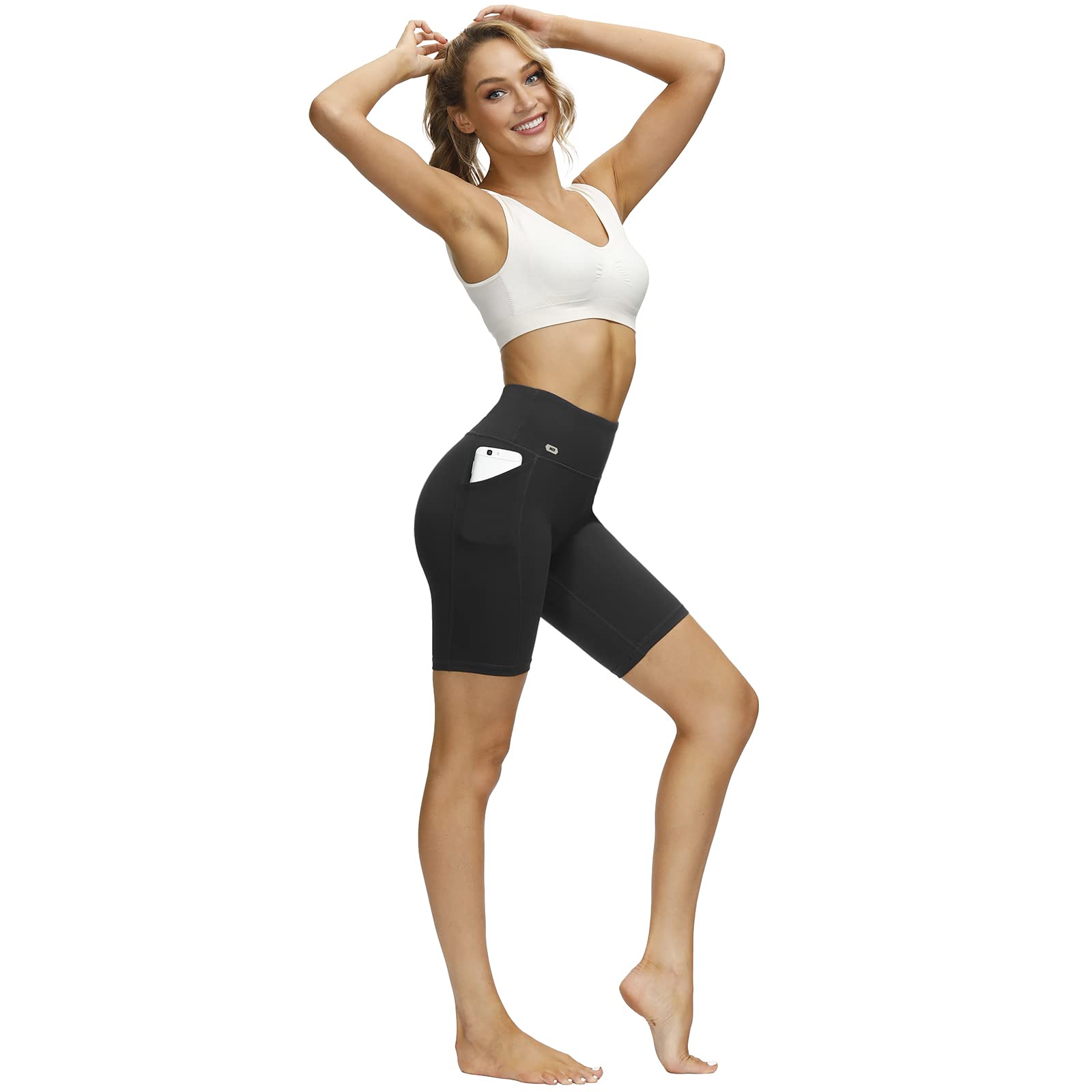 MIER Women's High Waist Yoga Shorts - 8 Inch Compression Biker Shorts with Side Pockets & Tummy Control for Workout, Running, Gym & Lounge Wear