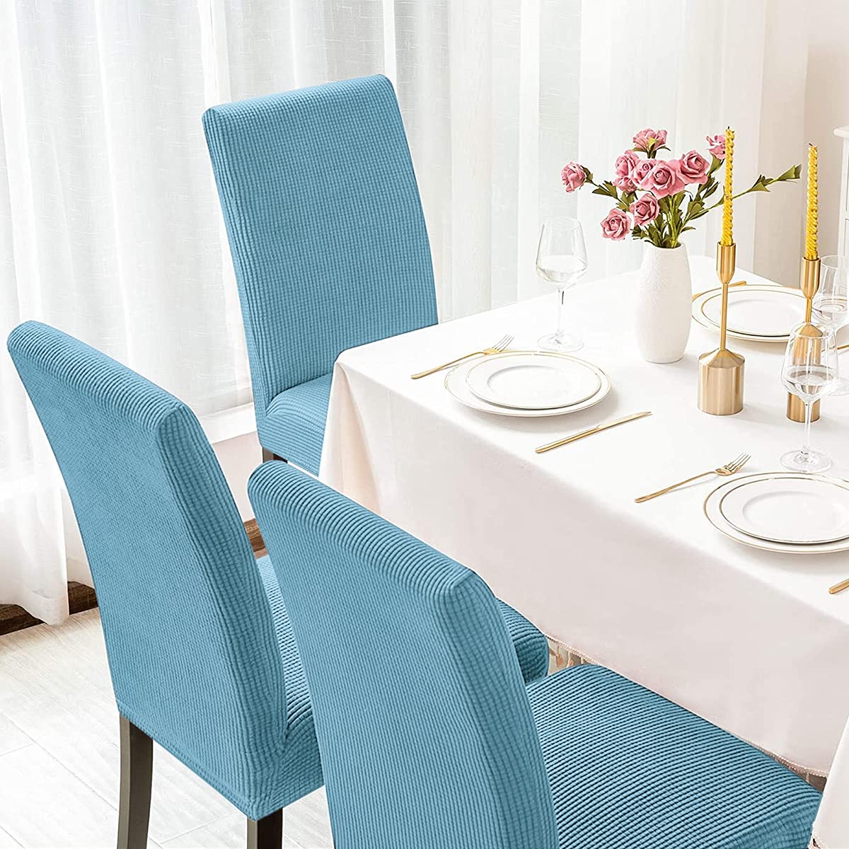 6 Pack Sky Blue Dining Chair Covers - Stretchable Parsons Chair Slipcovers for Kitchen & Dining Room - Washable Seat Covers for Home, Restaurant, Wedding & Party Decor