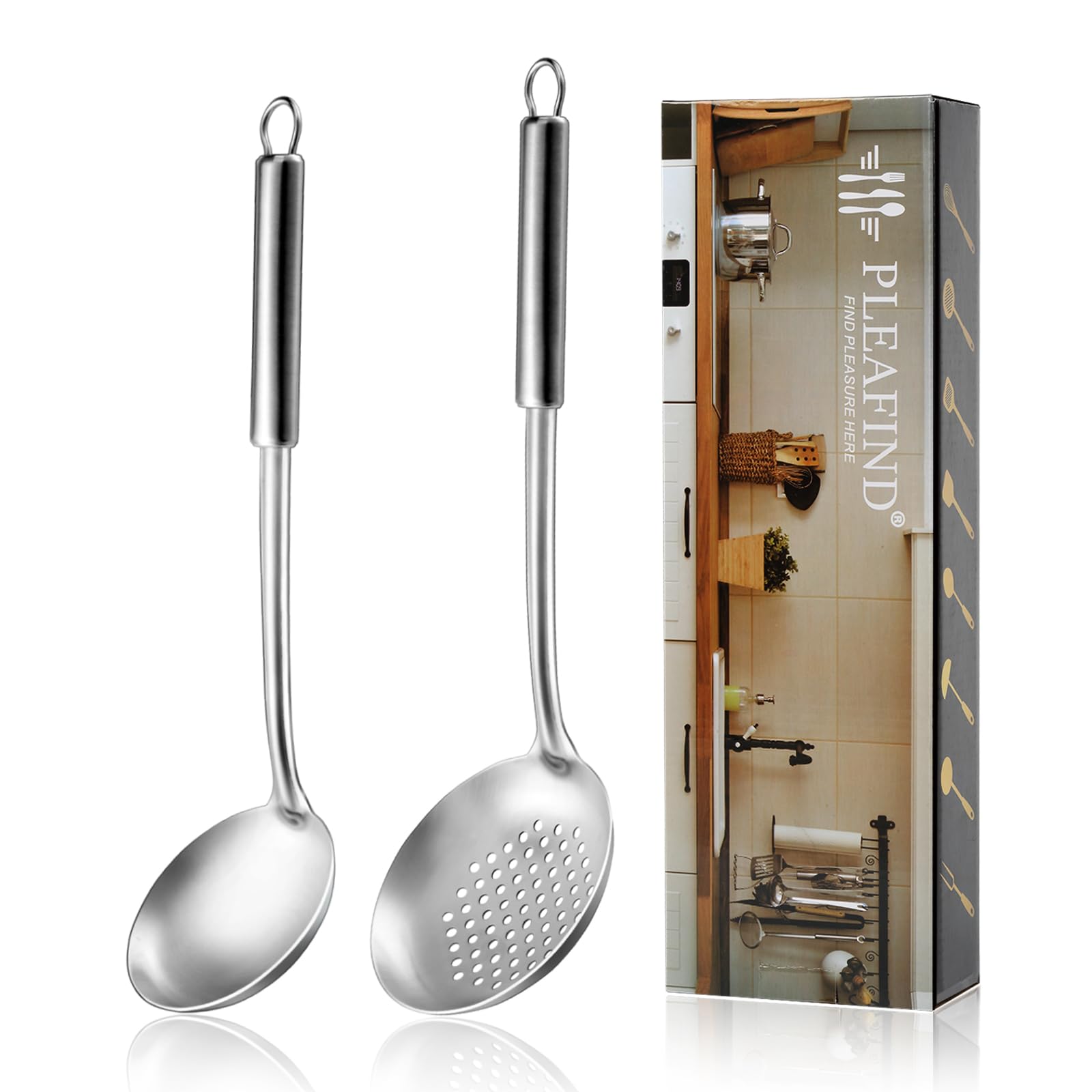 Premium 2-Piece Stainless Steel Ladle and Slotted Spoon Set - Soup Ladle & Strainer Skimmer - Durable Kitchen Utensils for Cooking, Serving - Perfect for Home Chefs & Restaurants - Dishwasher Safe - Ideal for Soups, Stews, Pasta & Deep Frying