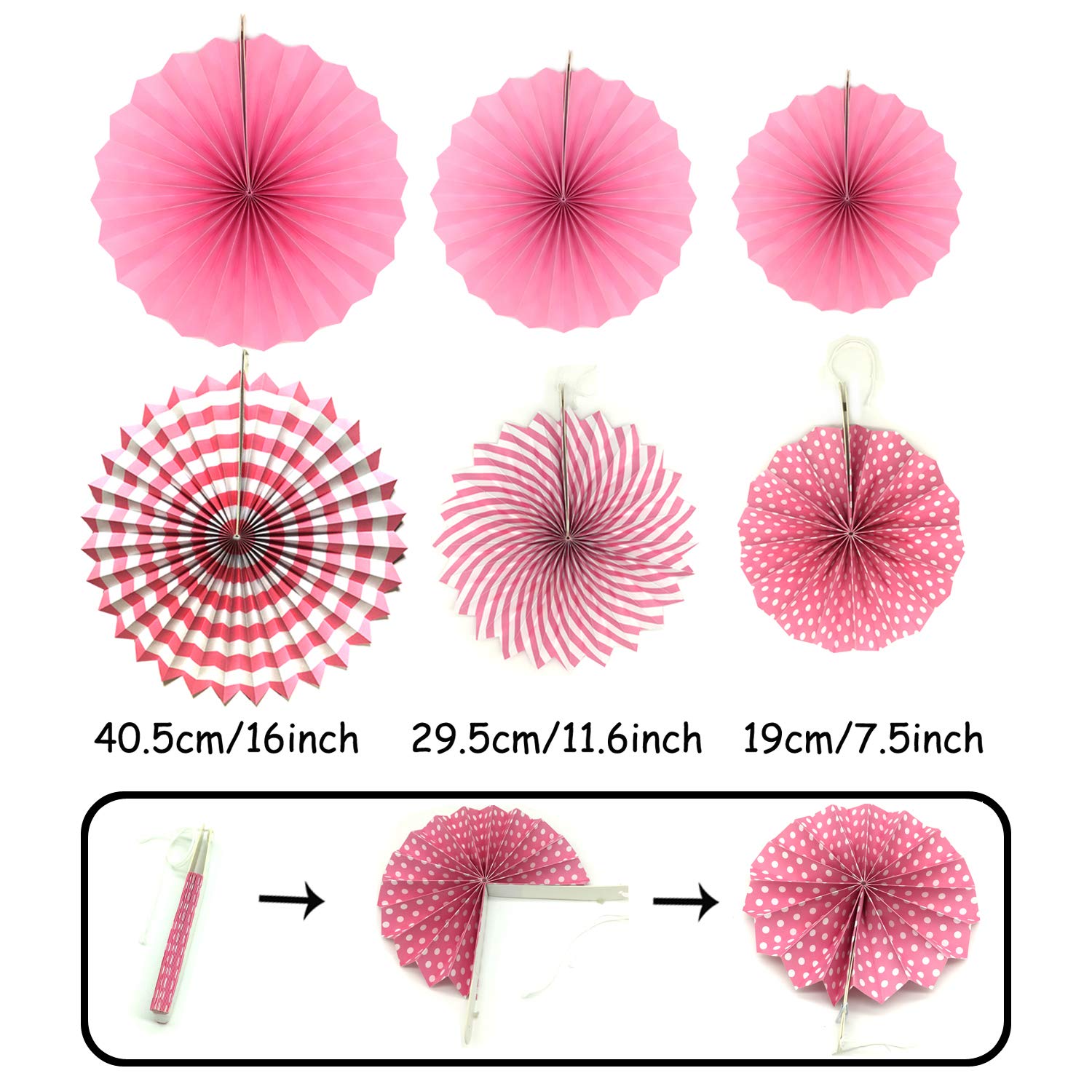 ZERODECO 12-Pack Pink Party Hanging Paper Fans Set with Confetti Balloons, Folding Fans, Pompoms & Triangle Bunting Flags - Wedding, Birthday, Baby Shower Decorations & Photo Backdrop Supplies for Indoor/Outdoor Celebrations