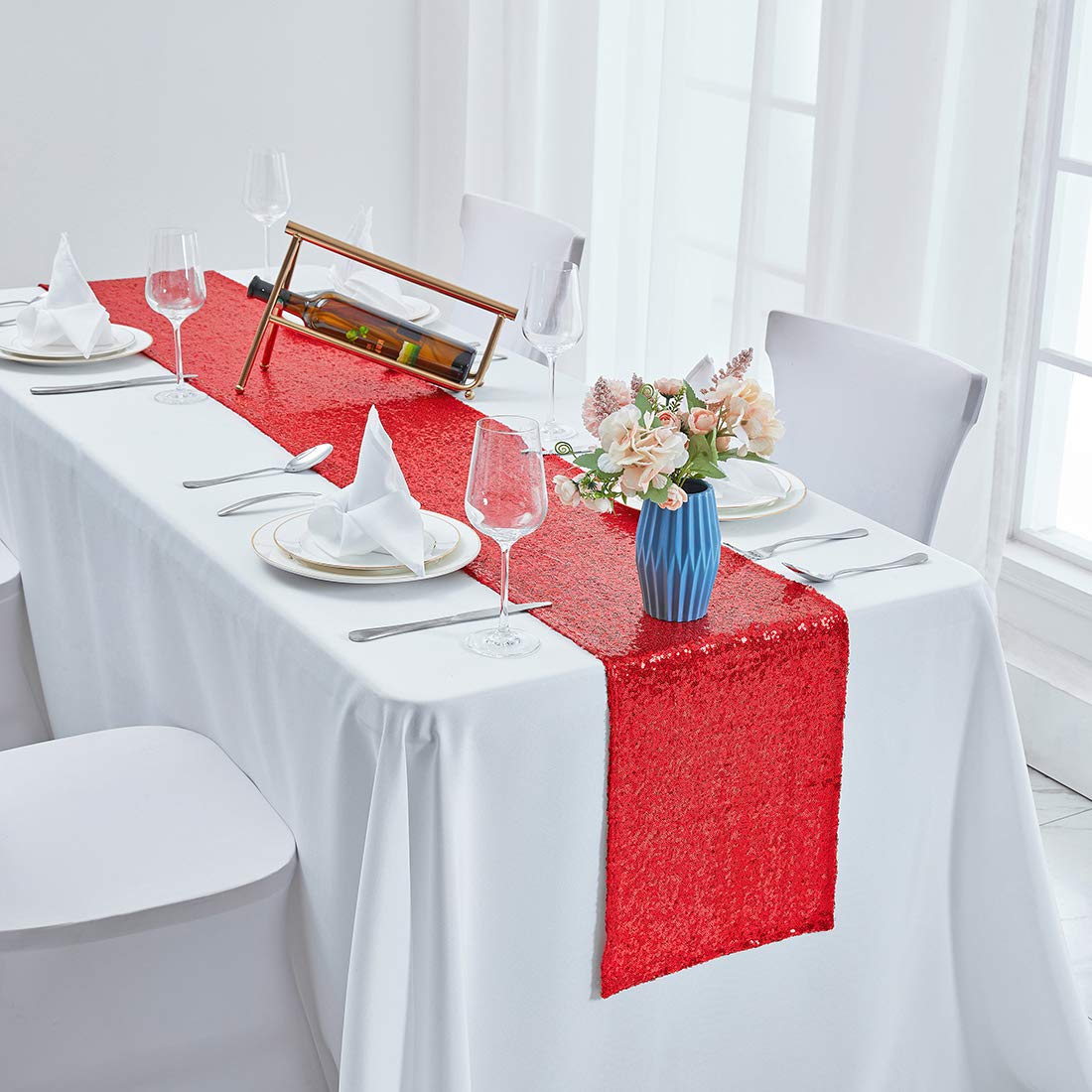 10 Pack 12x108 Inch Red Sequin Table Runners - Glitter Party Table Decor for Weddings, Birthdays, Bachelorette, Bridal & Baby Showers, Holiday Celebrations - Perfect for Dining Tables, Buffets, and Event Centerpieces