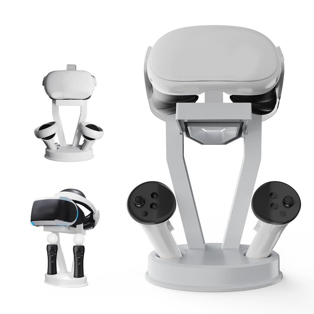Meta Quest 3 VR Headset & Controller Stand with Glasses Holder - Stable Display Organizer with Unlock Button for Gaming & VR Accessories Storage - Perfect for Home Theater Setup & VR Gaming Station