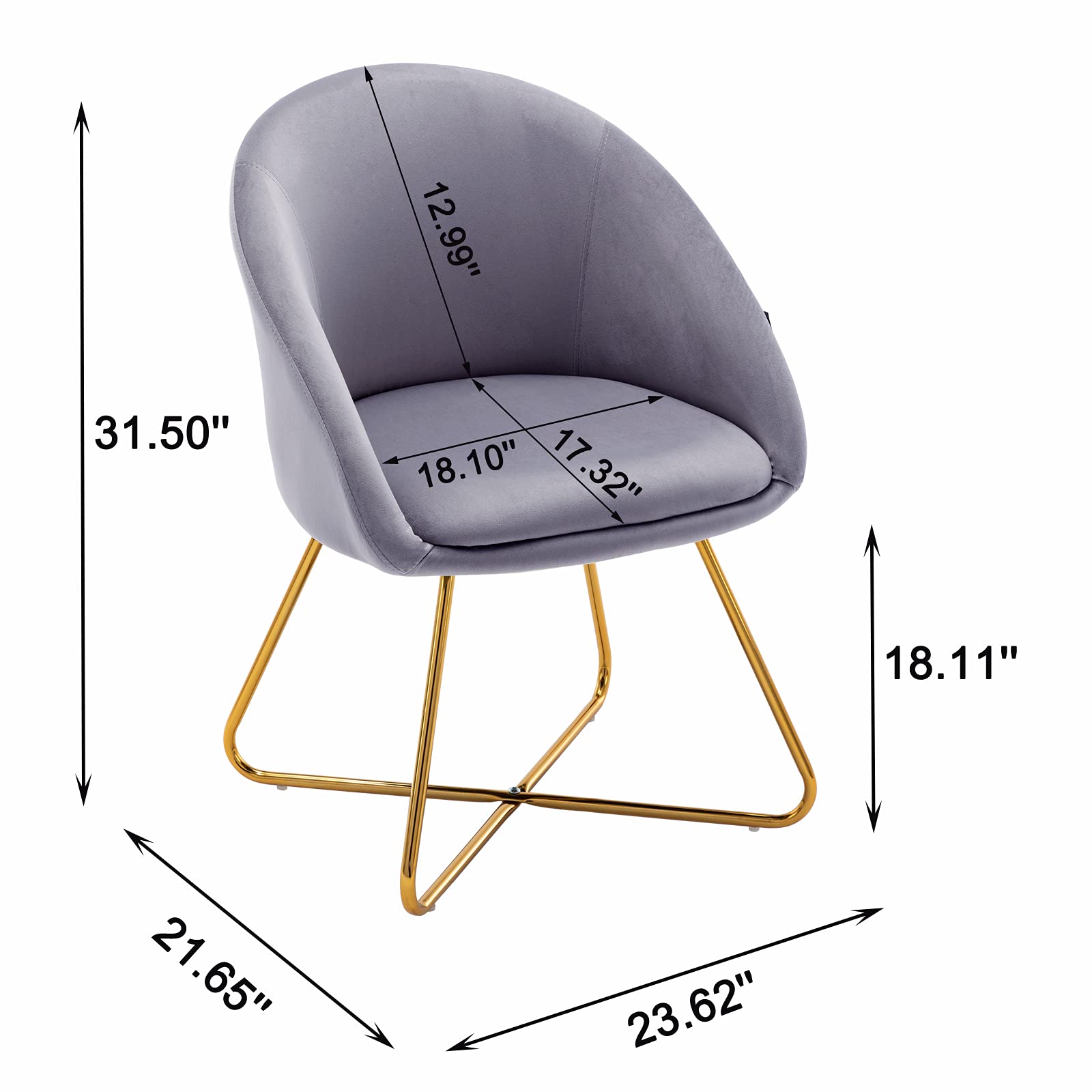 Artechworks Modern Velvet Dining Chairs Set of 2 - Luxury Accent Armchairs with Golden Metal Legs for Living Room, Bedroom, Dining Room & Office - Soft Grey Velvet Upholstered Lounge Chairs - Perfect for Home Decor, Hotel Reception & Coffee Shops