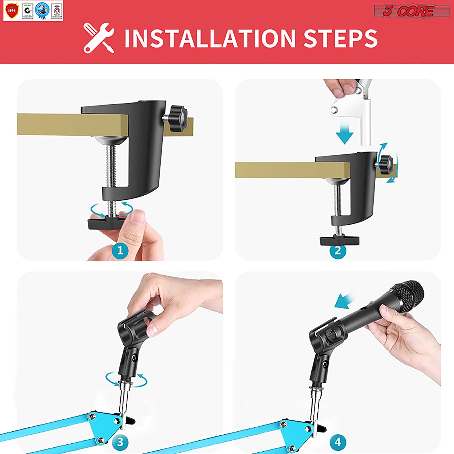 5 Core Adjustable Boom Microphone Stand - Heavy Duty Desk Mount Mic Arm for Condenser & Dynamic Mics (MS ARM BLU) - Perfect for Podcasting, Streaming & Voice Recording