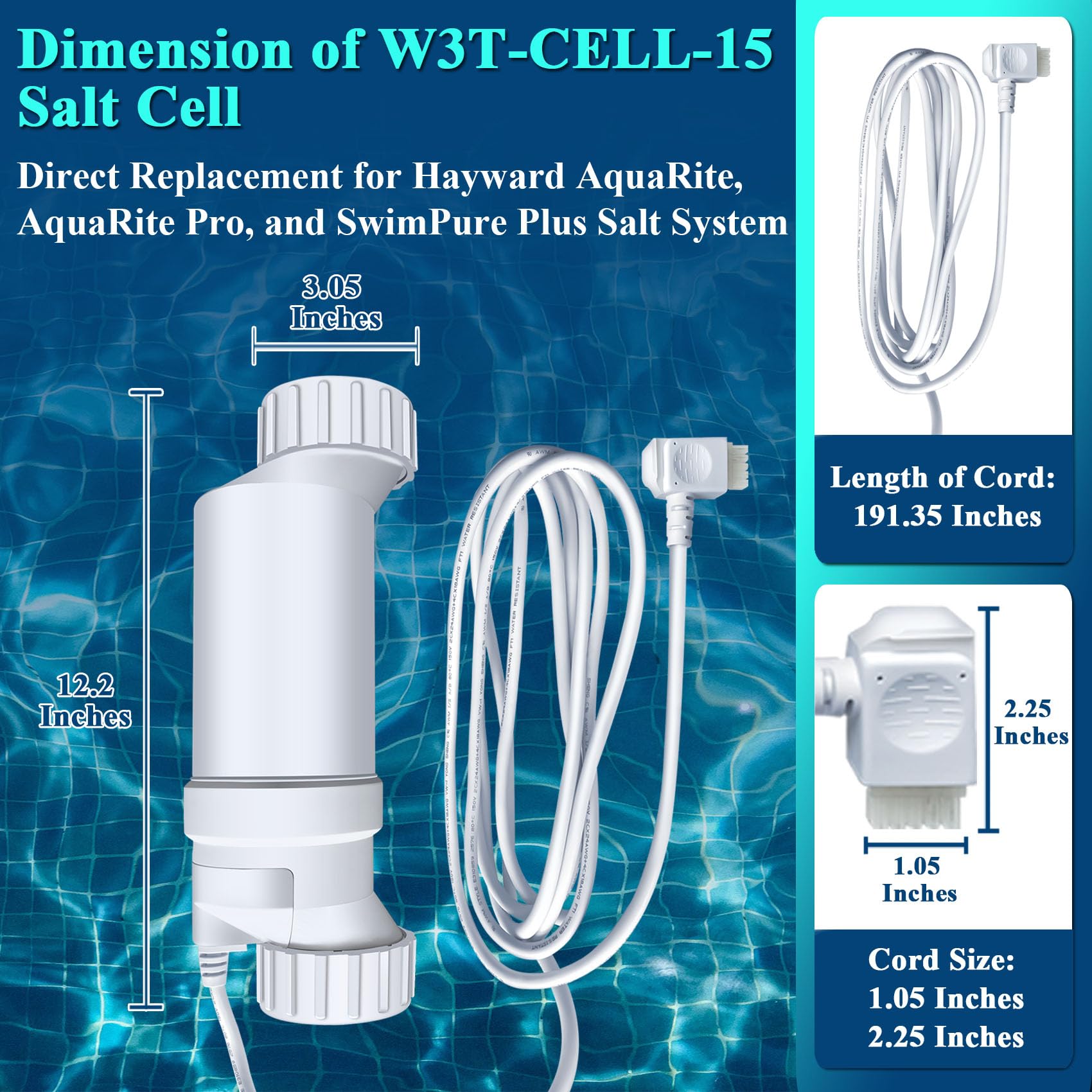 Hayward T-CELL-15 Salt Cell Replacement for In-Ground Pools - Compatible with W3T-CELL-15 Salt Chlorination System, 15-FT Cable, Up to 40,000 Gallons - Perfect for Crystal Clear Pool Water Maintenance & Saltwater Pool Sanitization