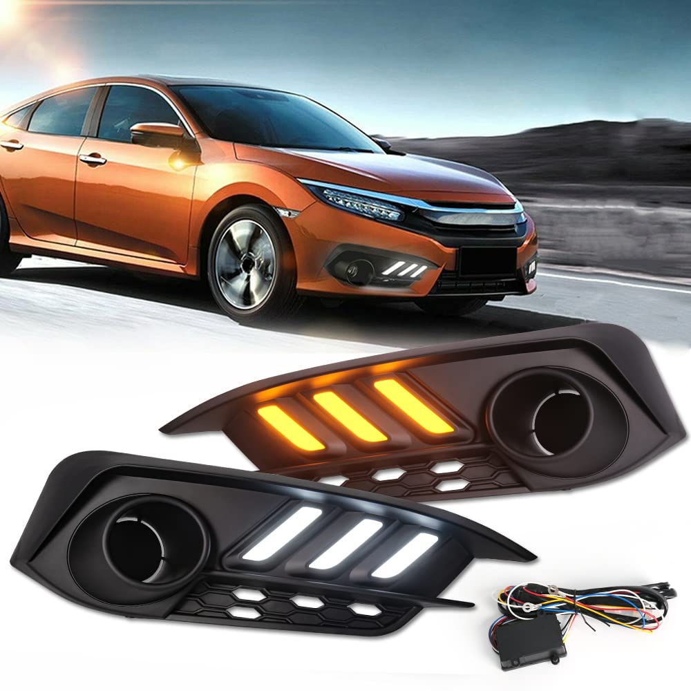 2016-2018 Honda Civic LED Fog Lights with Amber Turn Signal - DRL Daylight Running Lamps Replacement Kit with Bezel (HDCV16) | Perfect for Night Driving & Enhanced Visibility