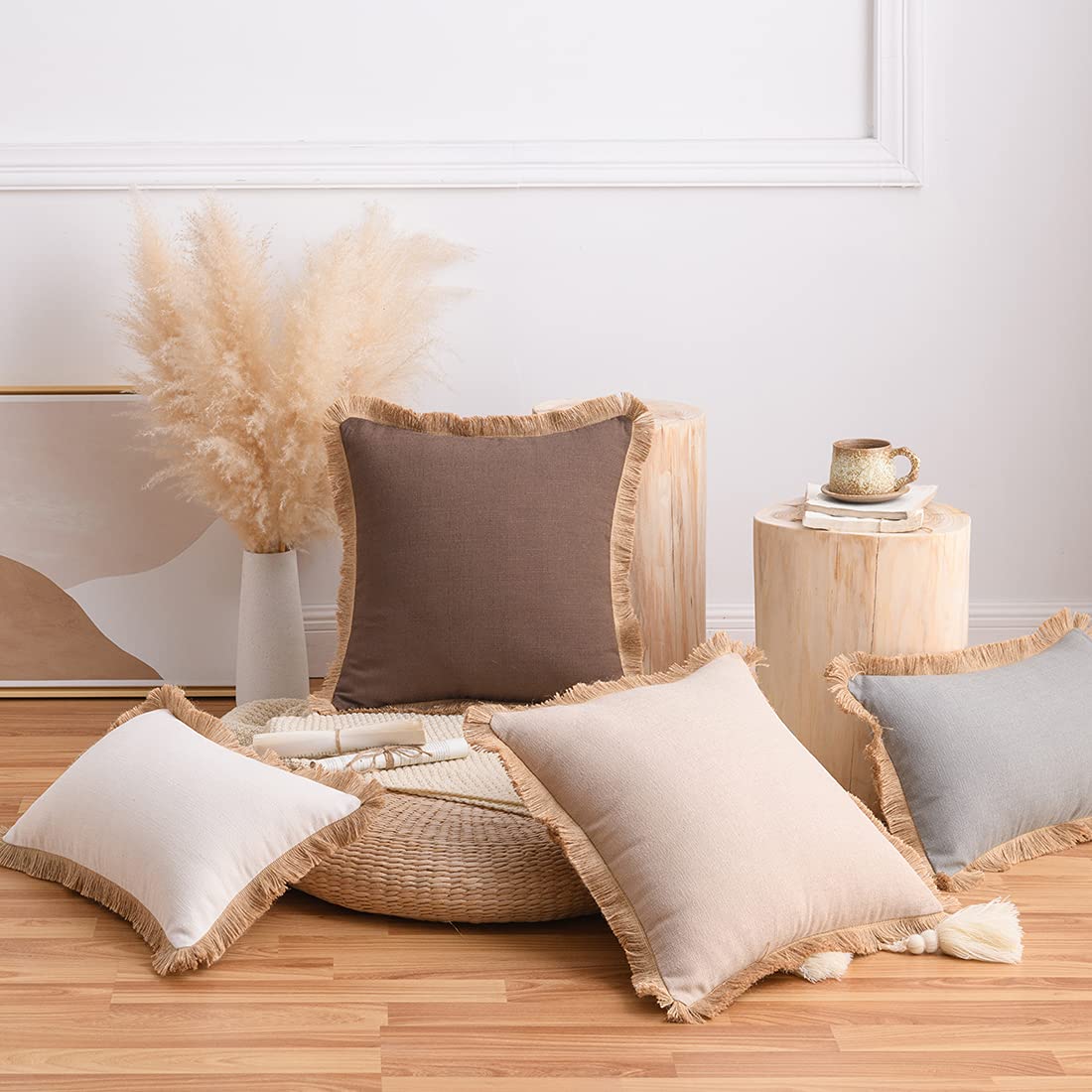VCTOPS 2-Pack Cotton Linen Throw Pillow Covers with Fringe - Farmhouse Decorative Cushion Covers for Sofa, Couch, Bed & Car (Cream, 12x20 Inches) - Perfect for Living Room, Bedroom & Home Decor