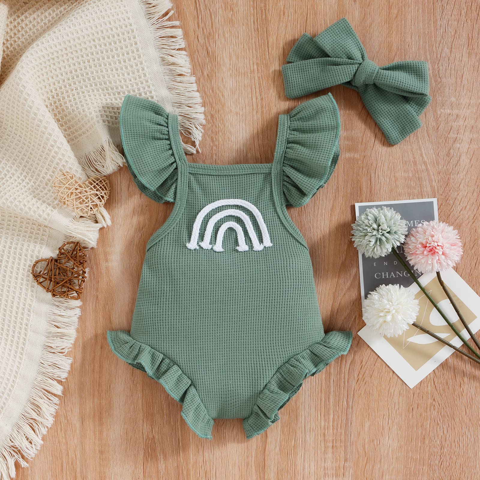 Adorable Newborn Baby Girl Outfit - Rainbow Waffle Knit Ruffled Romper & Headband Set | Sleeveless Backless Bodysuit Jumpsuit for Infants | Perfect for Photoshoots, Birthday Parties & Special Occasions