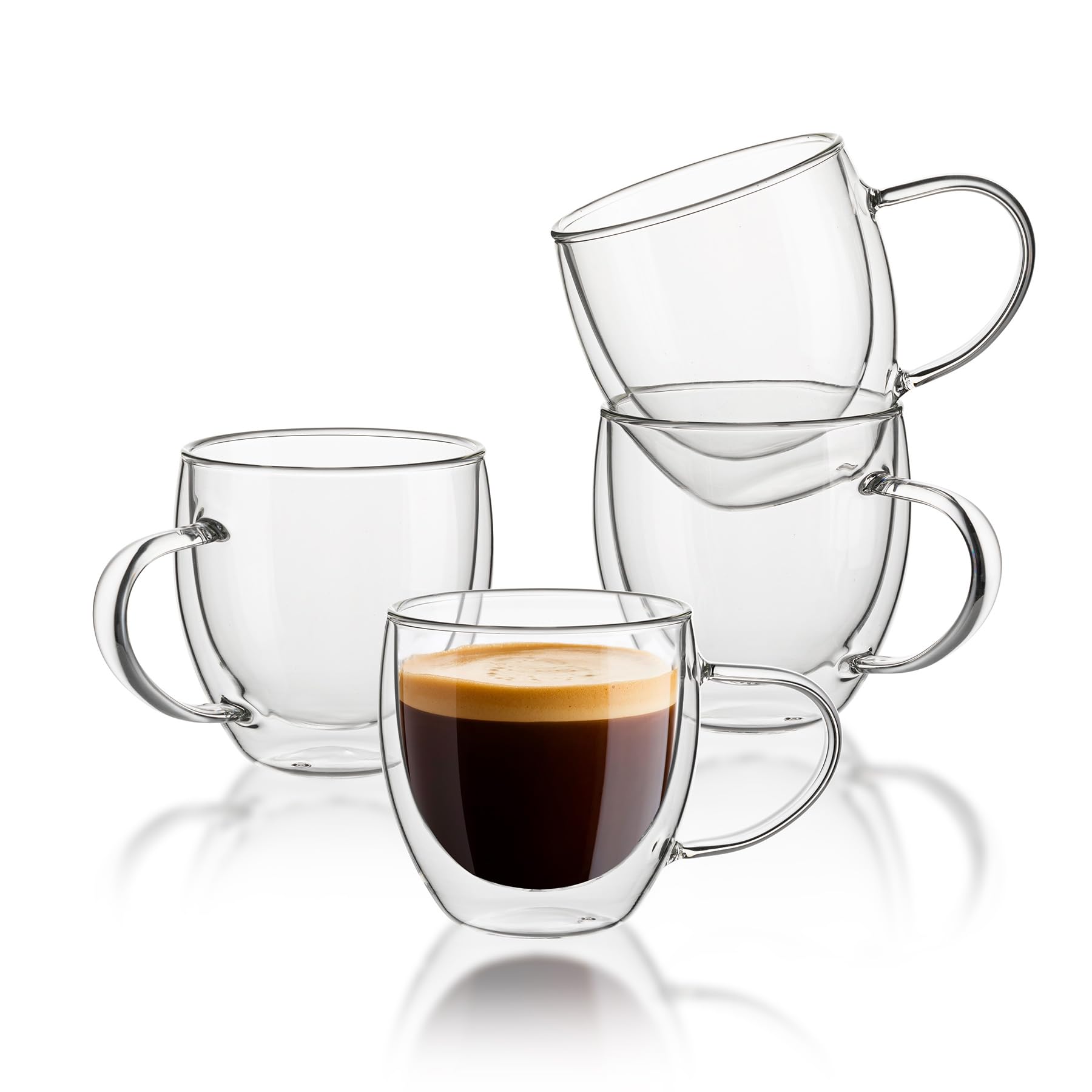 Sweese 5oz Double Wall Insulated Glass Espresso Cups Set of 4 with Handle - Clear Coffee Cups for Cappuccino, Latte, Tea & Espresso Shots - Perfect for Home, Office & Cafes Use with Espresso Machines