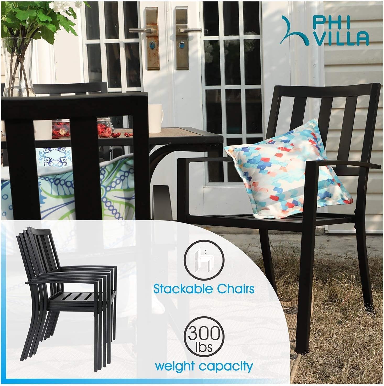 PHI VILLA Wrought Iron Patio Dining Chairs - Set of 2 Stackable Black Metal Bistro Chairs for Indoor & Outdoor Use, Garden, Lawn, Deck - Supports 300 lbs - Perfect for Backyard Dining, Poolside Relaxation, and Outdoor Entertaining