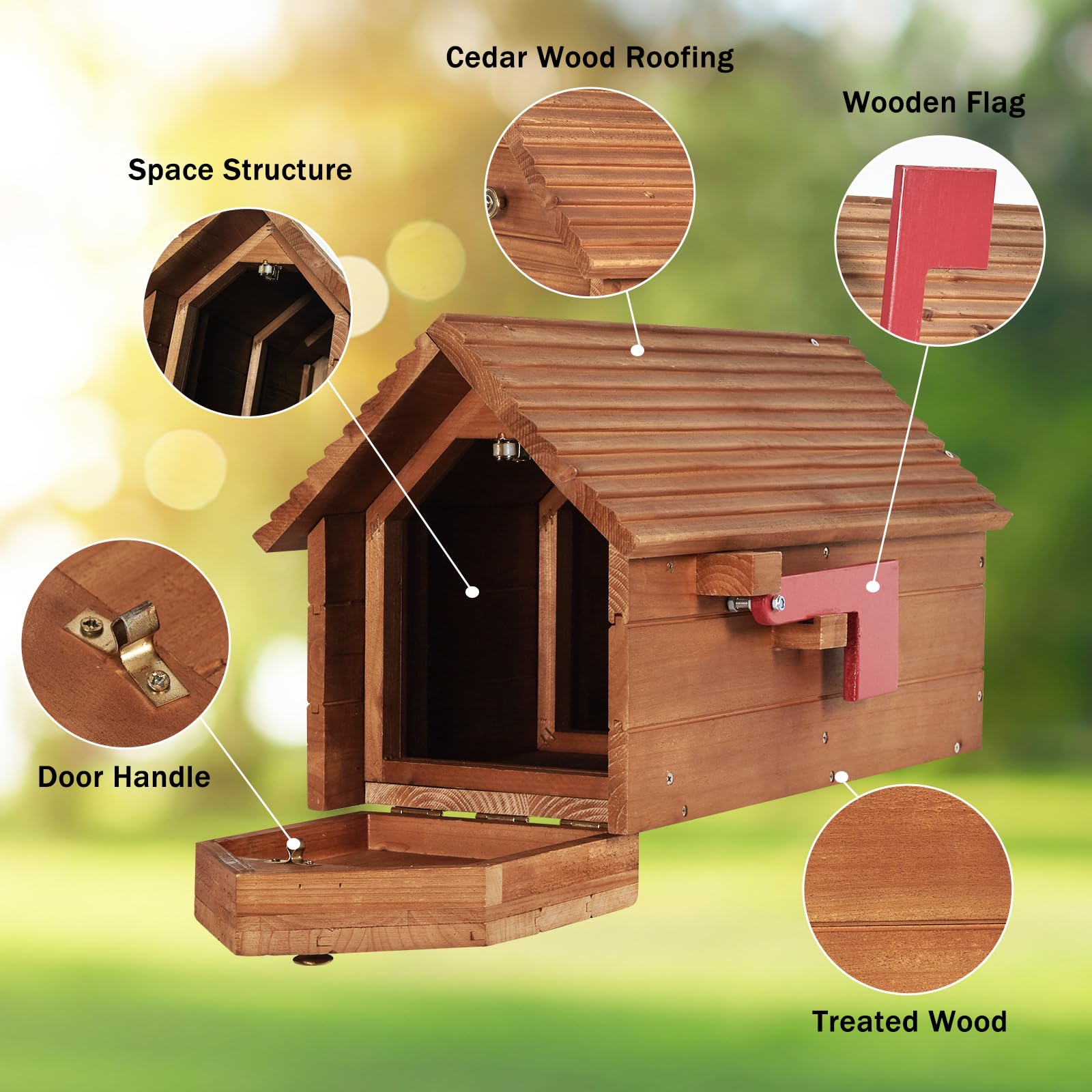 Outdoor Cedar Mailbox with Wood Roof - Decorative House Mailbox for Envelopes, Letters & Packages - Perfect for Garden, Yard, School & Library Use