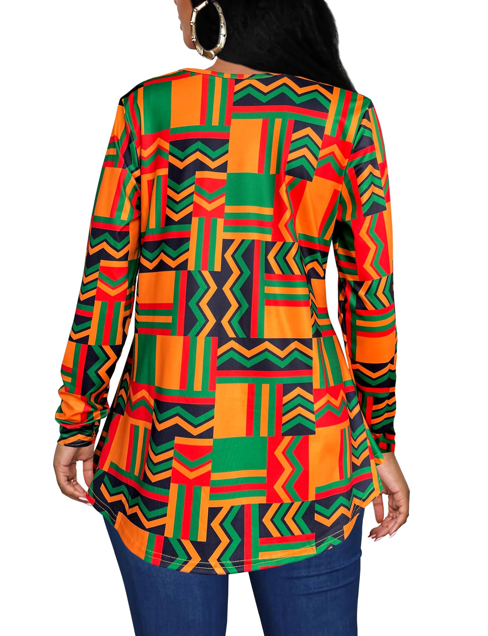 Afibi Women's Long Sleeve Henley T-Shirt - Button Down Loose Fit Blouse with Scoop Neck - African Dashiki Print Top for Casual Wear, Boho Style & Cultural Events
