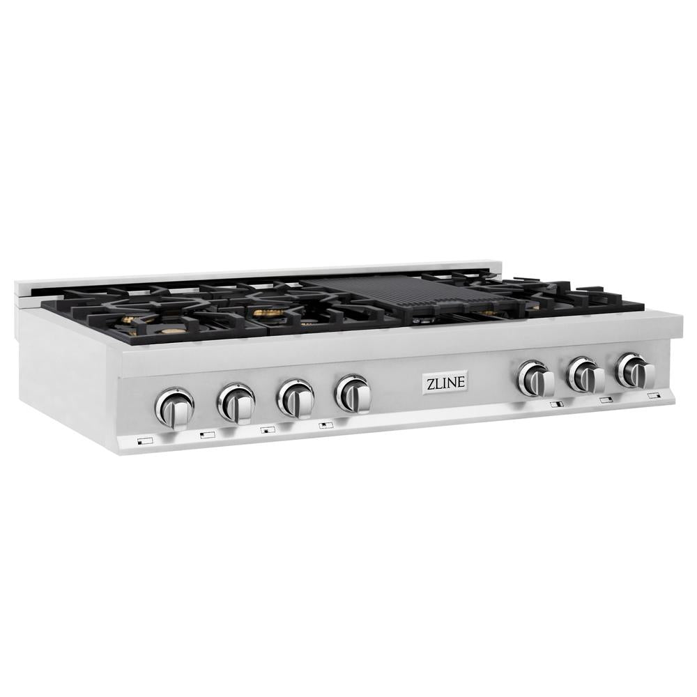 ZLINE 48 Inch Stainless Steel Gas Rangetop with 6 Brass Burners & Porcelain Cooktop - Professional Grade Kitchen Appliance for Home Chefs & Cooking Enthusiasts | Perfect for Gourmet Meals, Entertaining & Large Family Dinners