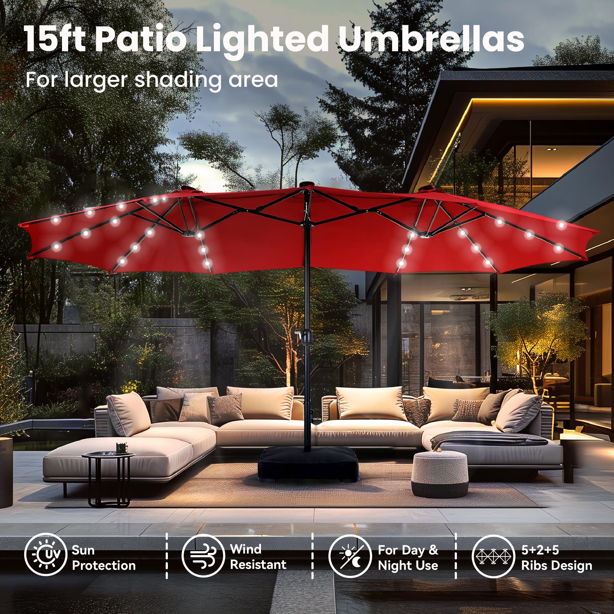 PHI VILLA 15ft Large Outdoor Patio Umbrella with 36 LED Solar Lights - Double-Sided Rectangle Market Umbrella for Garden, Poolside & Backyard - Includes Heavy Duty Base Stand - Dark Red - Perfect for Outdoor Dining, Lounging & Shade Protection