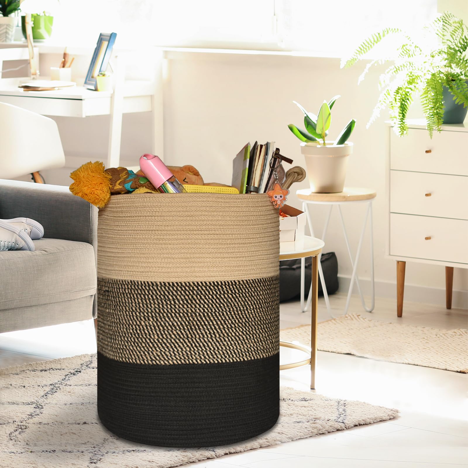 COMSE Extra Large Woven Storage Basket - 15.7”x 21.7” Cotton Rope Laundry Hamper for Nursery, Toys, Clothes & Towels (Brown/Black) | Perfect for Home Organization, Baby Room & Closet Storage