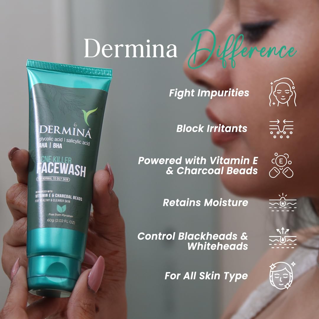 DERMINA Acne Killer Face Wash with Glycolic Acid, AHA, BHA, Vitamin E & Charcoal Beads - Deep Cleansing for Acne & Pimple Free Skin | Normal to Oily Skin Care for Women & Men | 60g | Perfect for Daily Skincare Routine & Travel