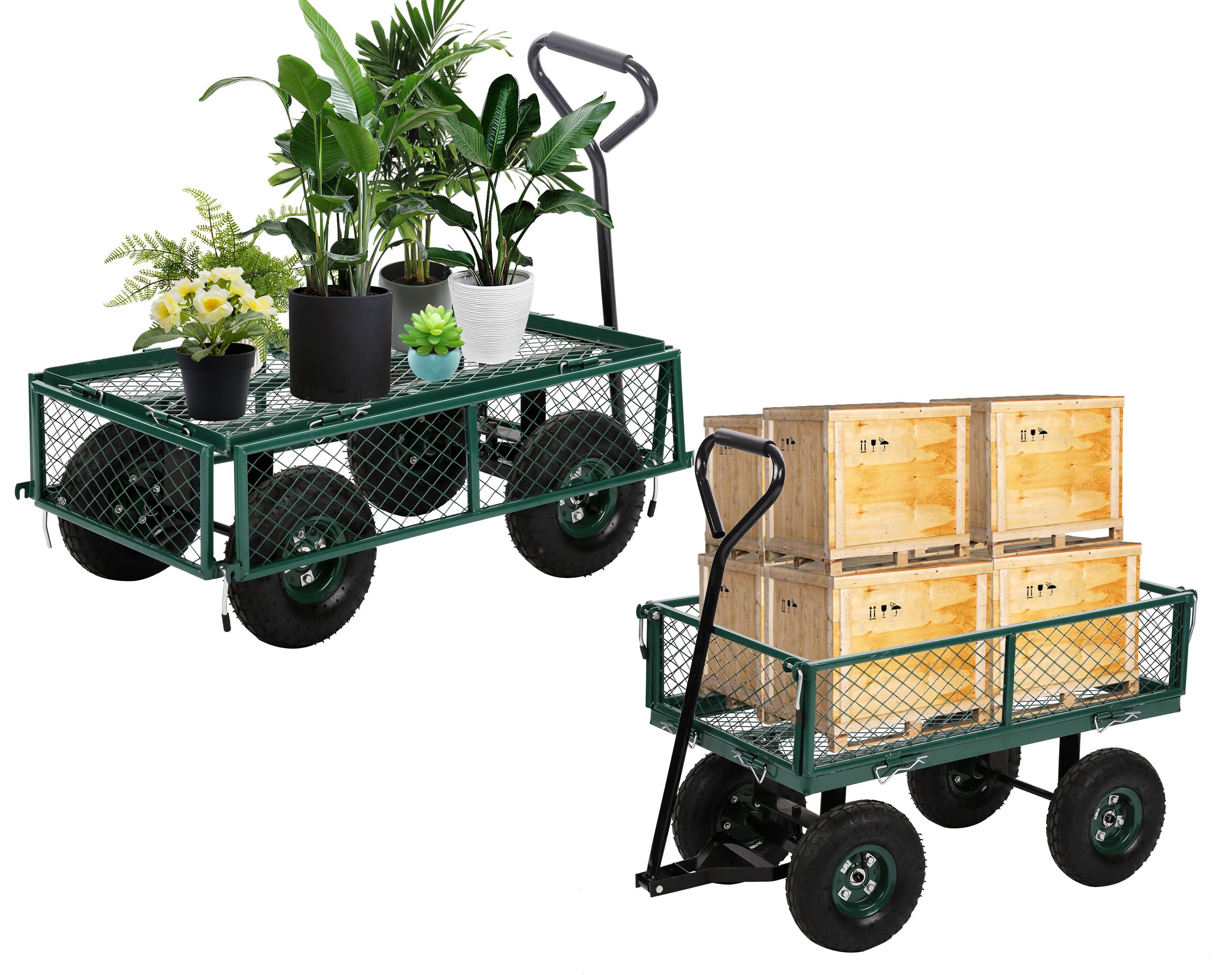 Heavy Duty Steel Garden Cart - 400lb Capacity Yard Dump Wagon with Removable Sides, Long Handle & 10