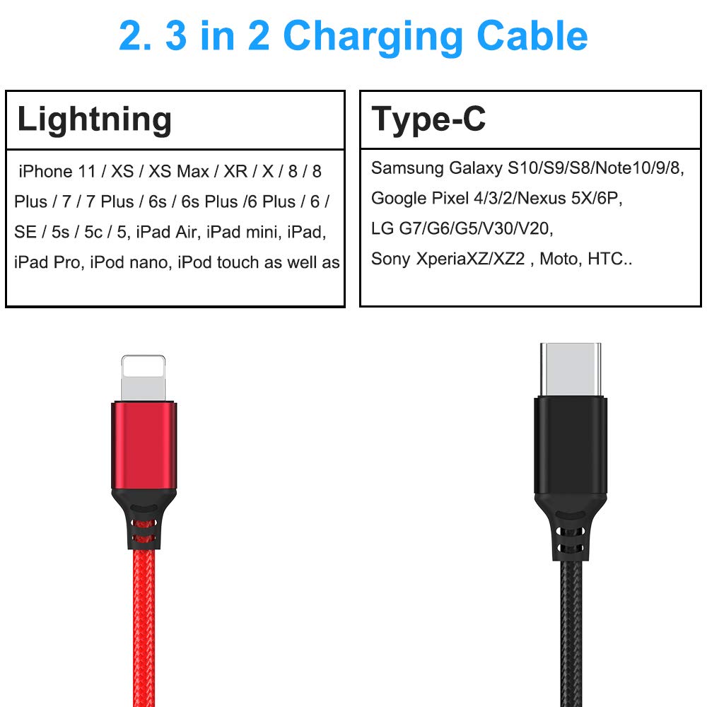 2-in-1 Multi Charger Cable 3Ft Nylon Braided Fast Charging Cable with Type C & Lightning Connector - Compatible with iPhone 15/14/13, Samsung Galaxy S8/S9/S10, LG, Pixel, Huawei & Android Tablets - Perfect for Home, Office & Travel Charging
