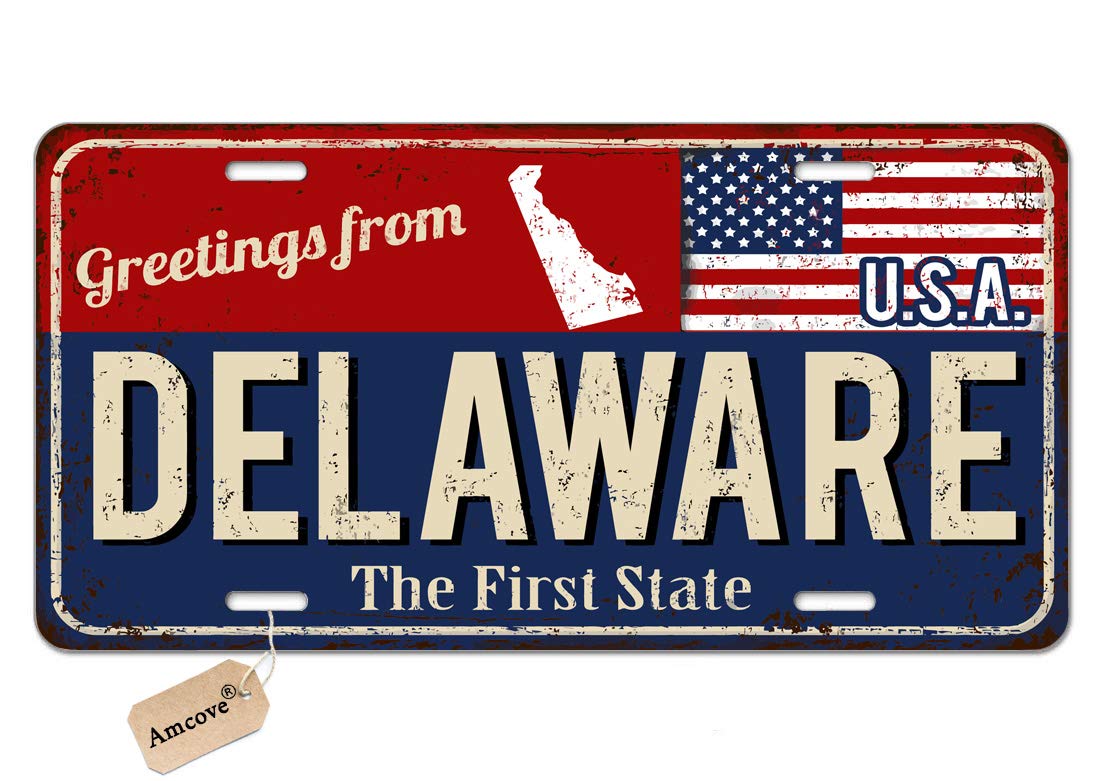 Vintage Rusty Metal License Plate Sign - Greetings from Delaware with American Flag - 6x12 Inch Novelty Vanity Tag for Home, Garage, or Man Cave Decor