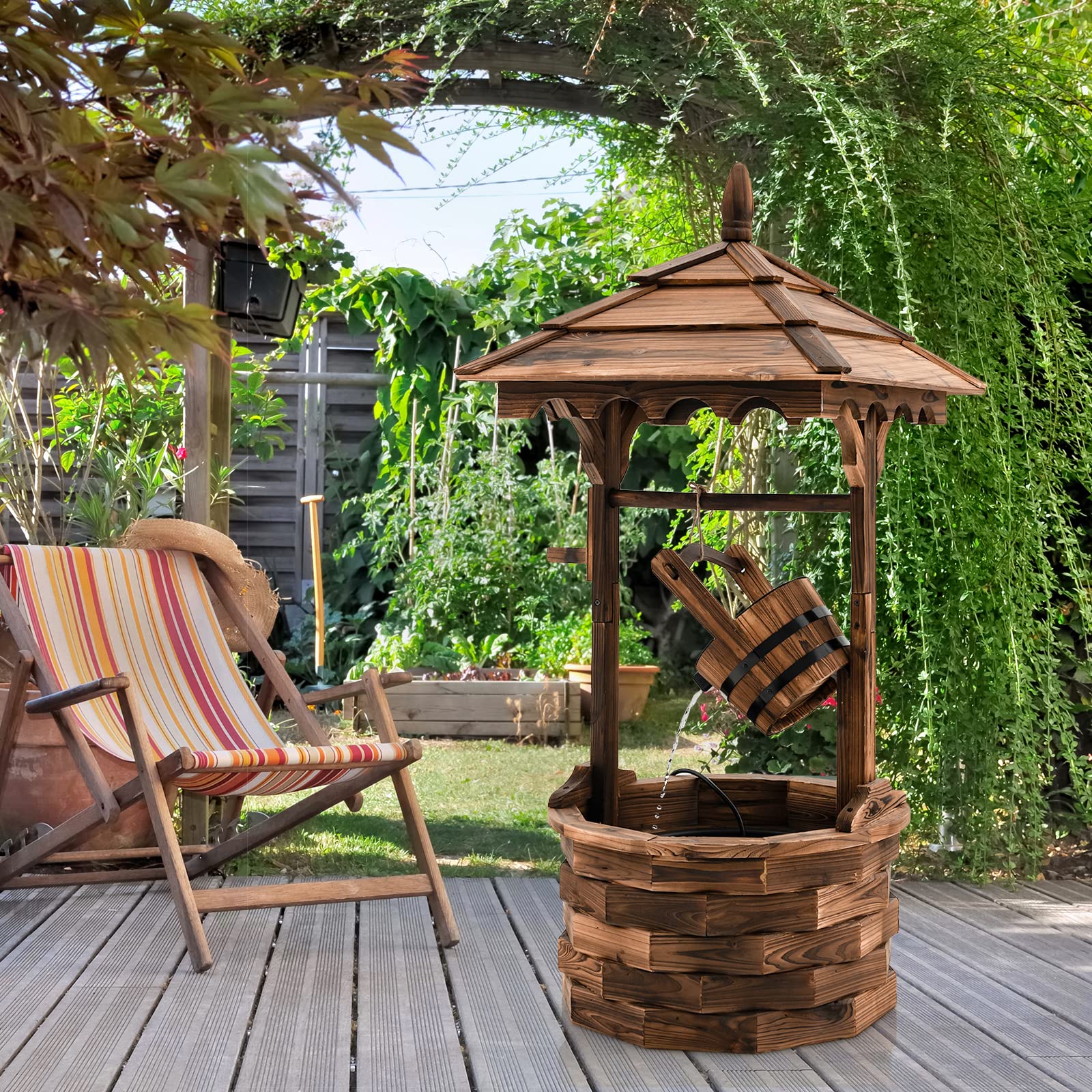 Giantex Rustic Wishing Well Fountain - Outdoor Wooden Water Fountain with Electric Pump, 5 Adjustable Water Flow Rates & Water Bucket - Freestanding Decorative Wishing Well for Backyard, Patio, Garden - Perfect for Relaxation, Meditation & Enhancing Outdoor Ambiance