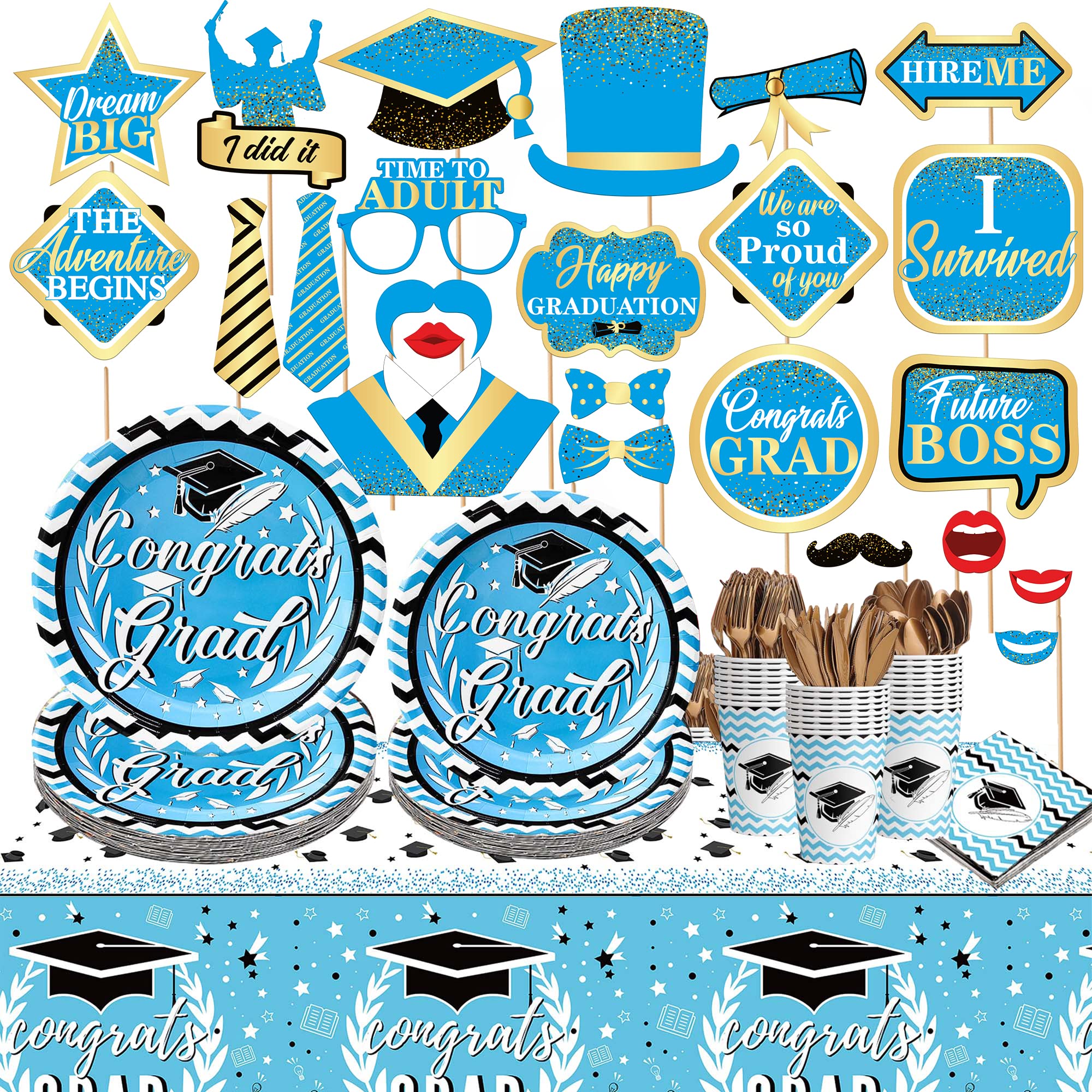2024 Graduation Party Supplies Set - Blue Photo Booth Props, Plates, Napkins & Tablecloth for 25 Guests | Complete Graduation Decorations Kit | Perfect for High School & College Graduation Parties, Cap & Gown Celebrations