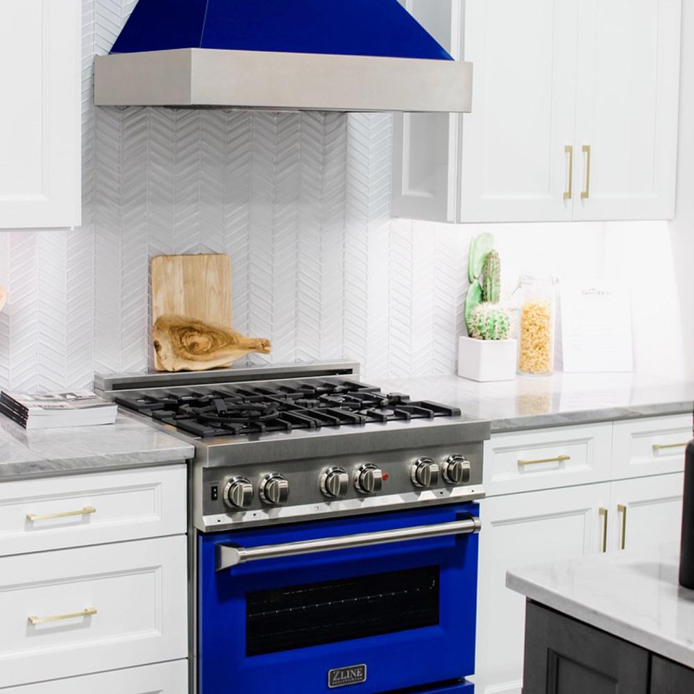 ZLINE 30-inch Stainless Steel Dual Fuel Range with Blue Gloss Door & Convertible Vent Hood - Professional Kitchen Package for Home Chefs | Perfect for Modern Kitchens, Restaurant-Style Cooking & Entertaining