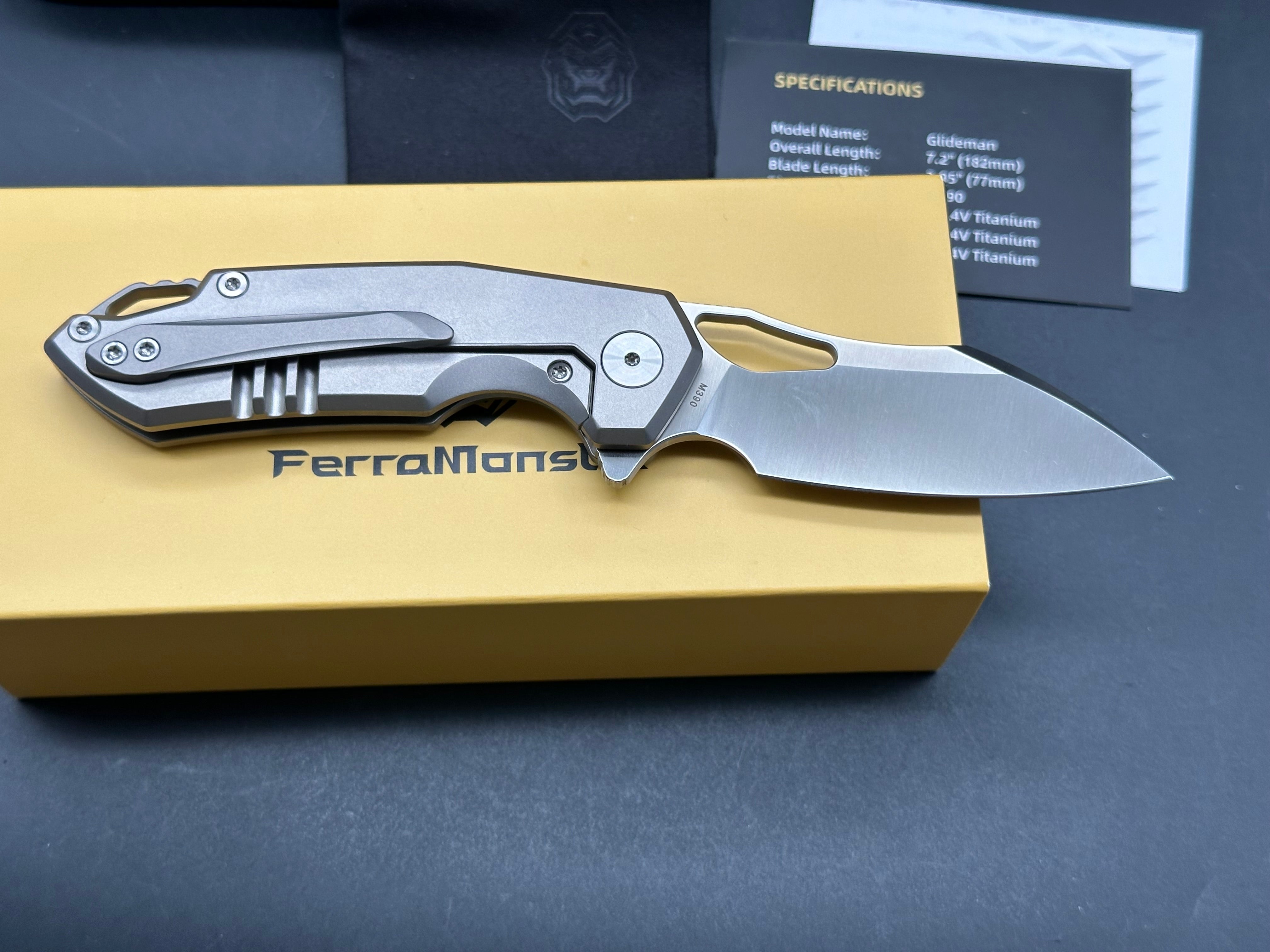 Ferramonster Glideman Titanium Handle with M390 Blade - Premium Folding Knife for EDC, Outdoor Adventures & Survival Gear