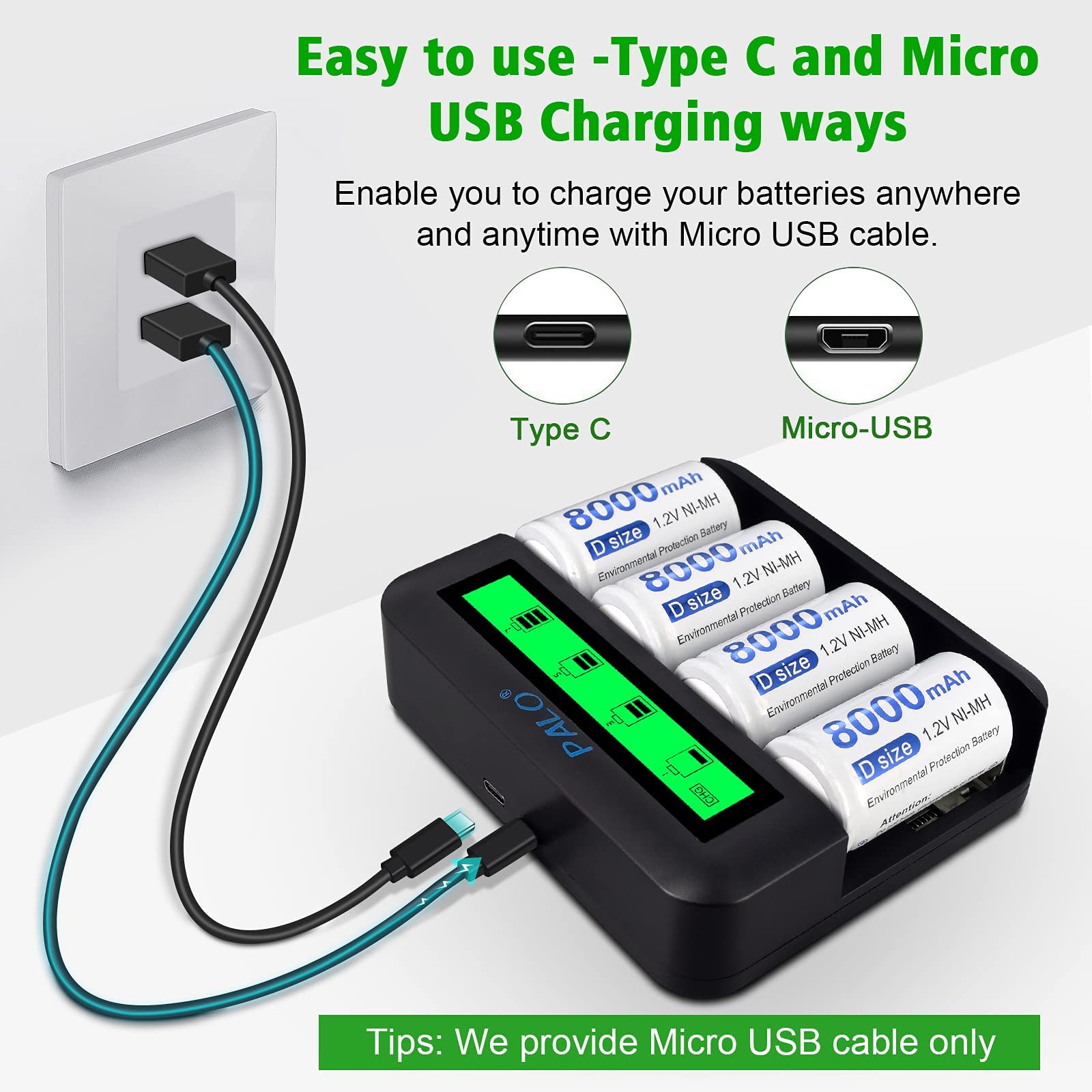 CITYORK Universal LCD Battery Charger for AA AAA C D Batteries with Type C & Micro USB Input - Includes 4 x 3000mAh AA & 4 x 1100mAh AAA NiMH Rechargeable Batteries - Perfect for Cameras, Toys, Flashlights & Home Electronics