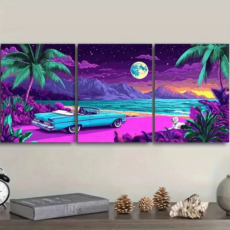 3-Piece Vibrant Tropical Miami Beach Wall Art Set - Framed Canvas 40x60cm (16x24in) - High Quality Print - 100% Australian Made - Ready to Hang - Perfect for Living Room, Bedroom & Beach House Decor