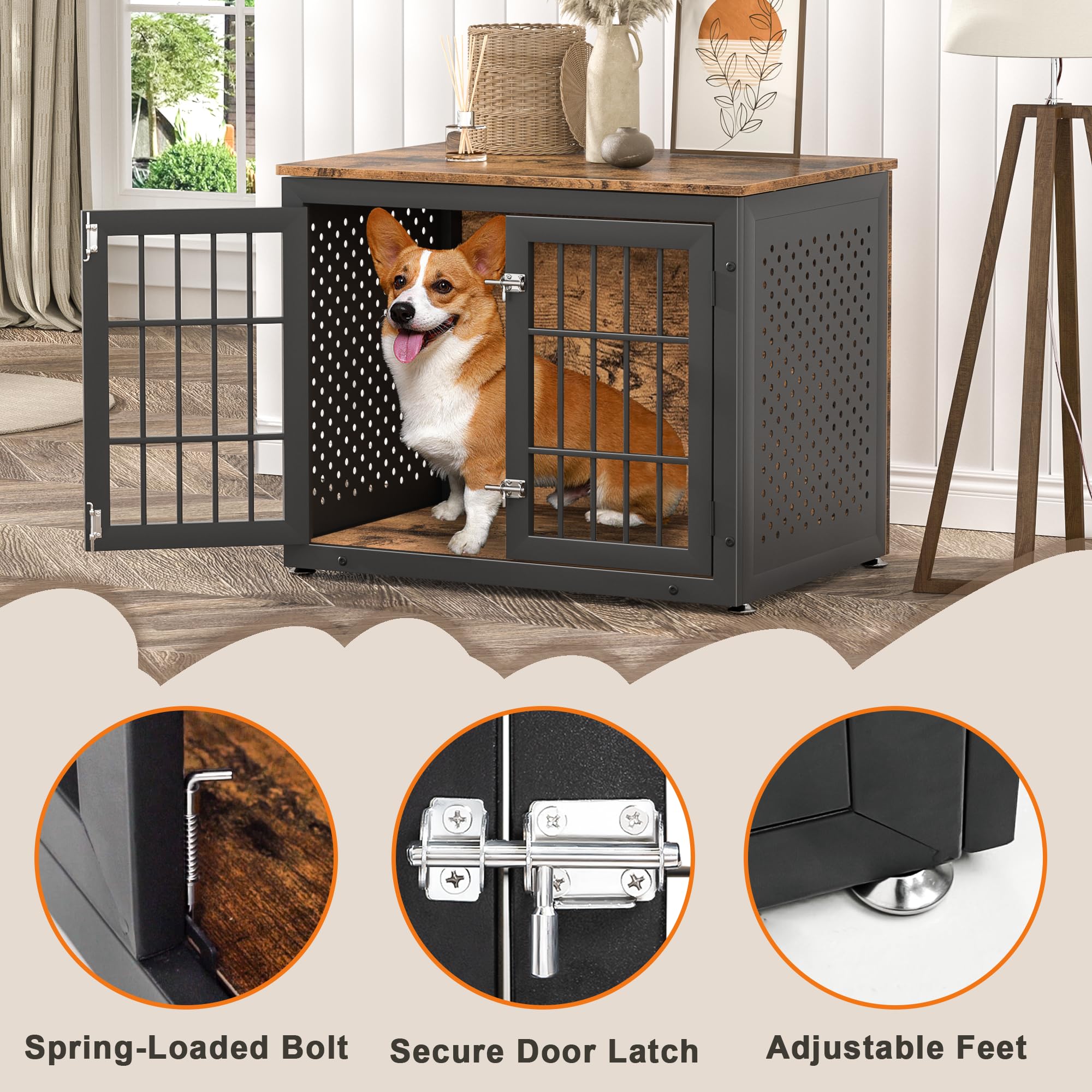 Sturdy Rustic Dog Crate Furniture for Small & Medium Dogs - Heavy Duty Metal Kennel with 0.5
