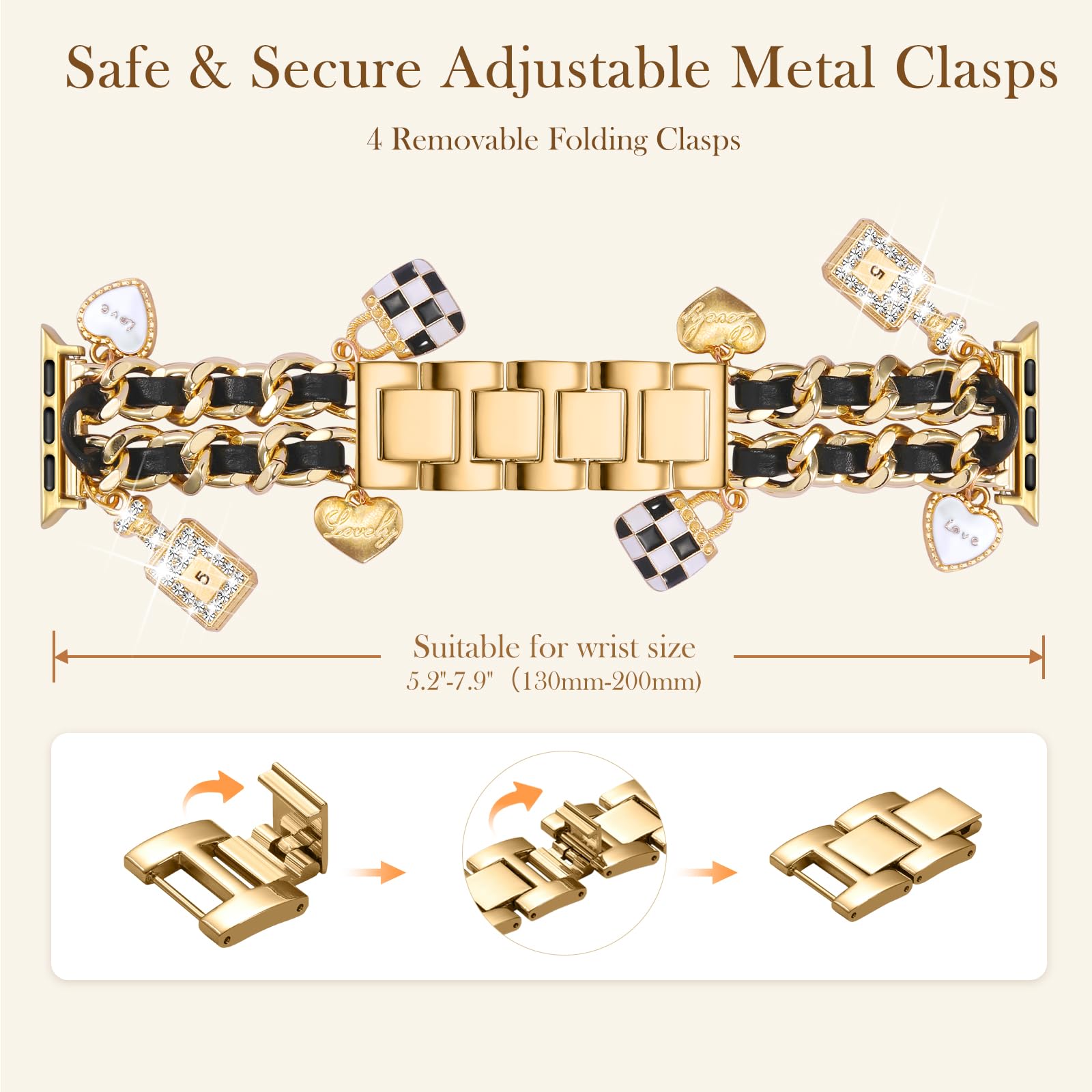 Elegant Stainless Steel Band for Apple Watch - Compatible with 38mm 40mm 41mm 42mm 44mm 45mm 46mm Models - Fashionable Chain Strap with Charms for Women - Perfect for iWatch Series 10/9/8/7/6/5/4/3/2/1/SE - Ideal for Workouts, Office Wear & Special Occasions