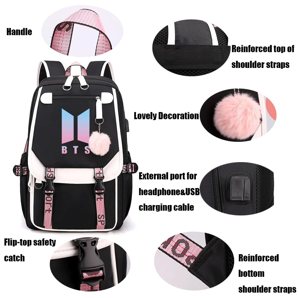 BTS Backpack Black - Kpop Laptop Backpack for Students & Travel 11.8x8.26x17.3in
