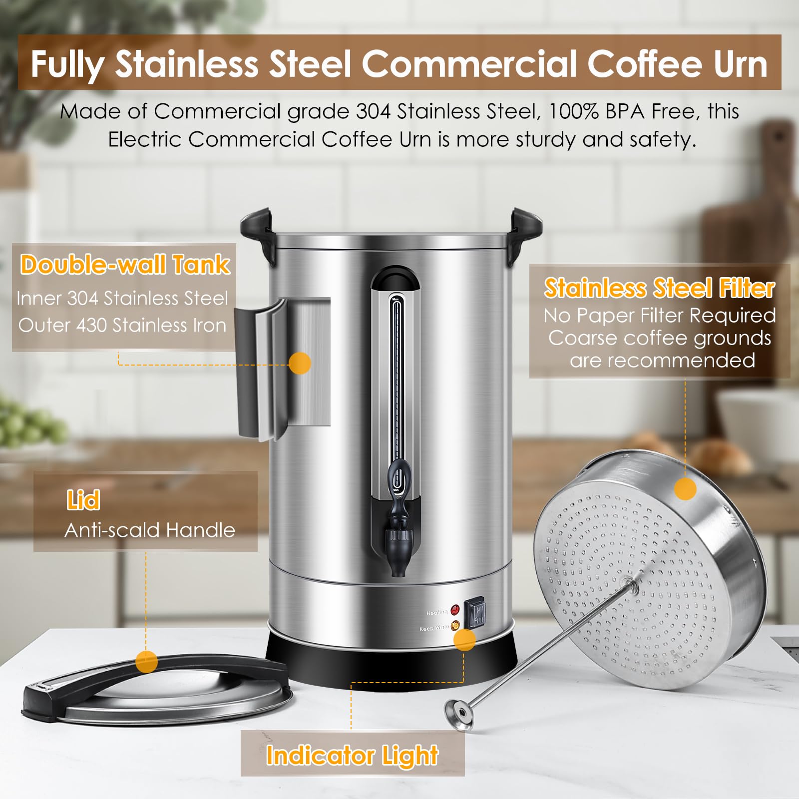 Commercial Coffee Urn 120 Cup (18L) - Extra Large Stainless Steel Hot Water & Coffee Urn - 1500W Quick Brew Electric Percolator for Parties, Events & Catering - Perfect for Church Gatherings, Weddings & Large Offices